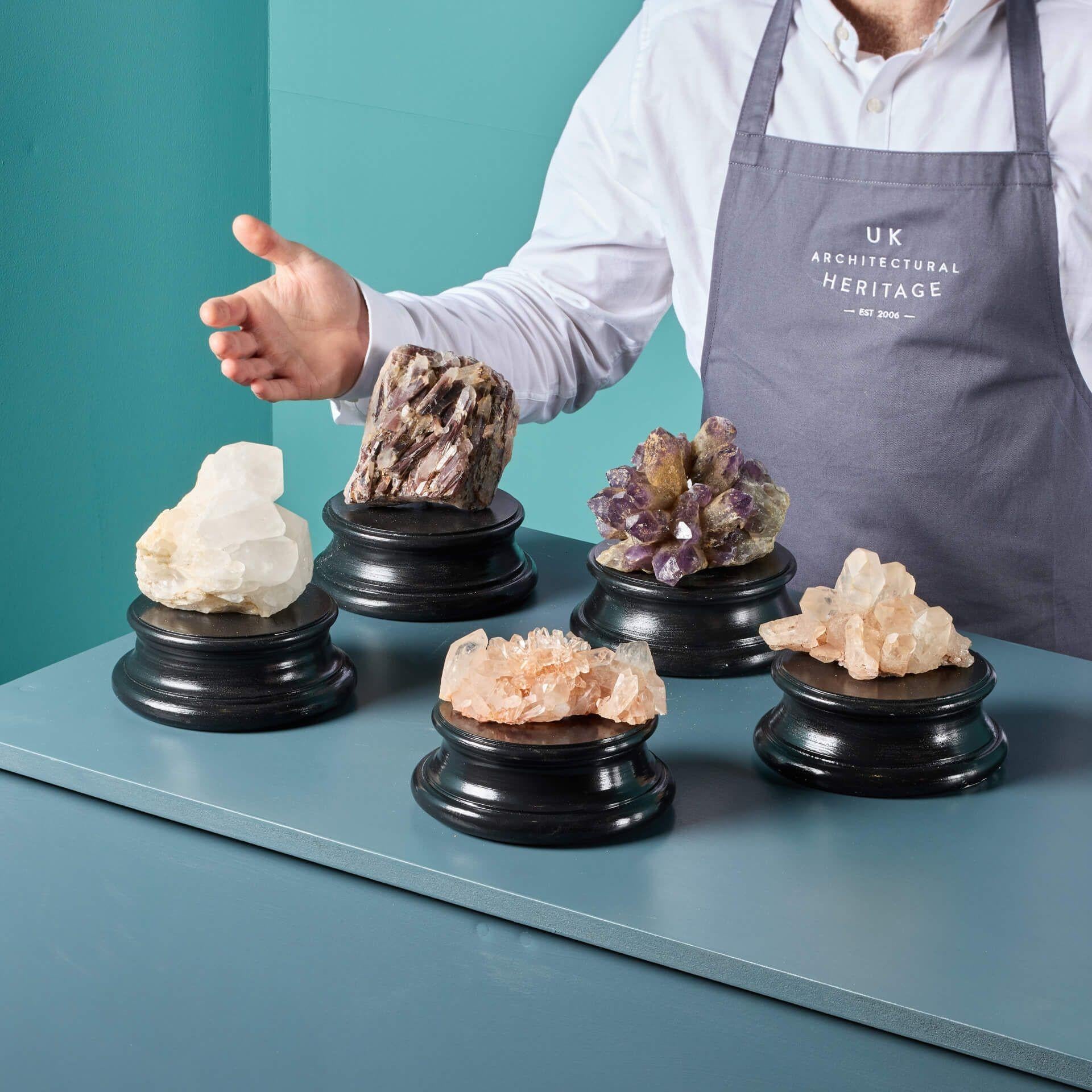 A stunning collection of 5 natural mineral specimens, each presented on an exclusive painted plaster plinth. Included in the set are a range of outstanding large cabinet specimens, formed by nature over the ages, each with their own colour,