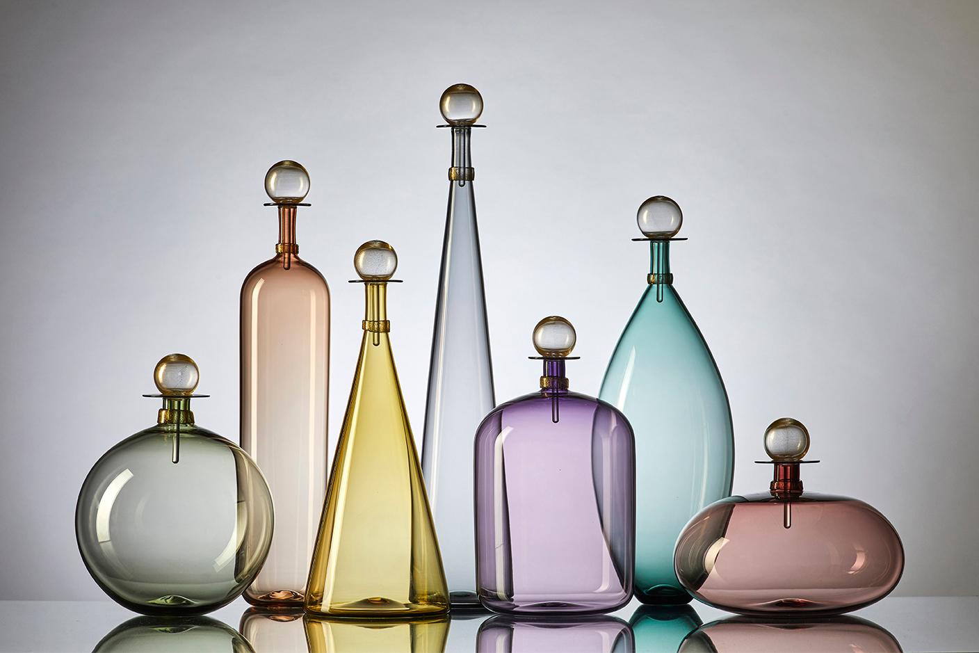 Contemporary Collection of 5 Large Hand Blown Glass Carafes in Smoke Colors by Vetro Vero