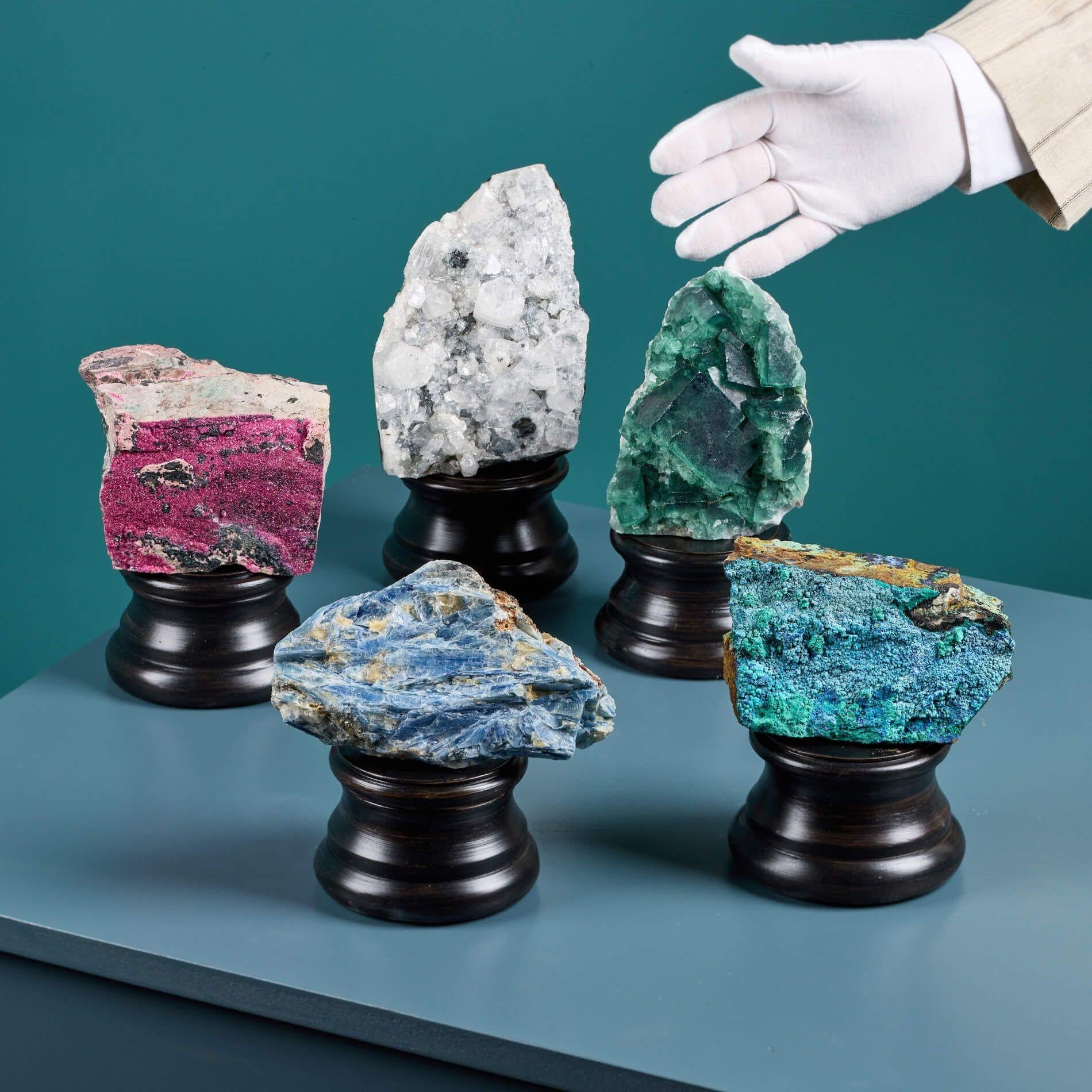 A striking collection of 5 natural mineral specimens.

Each presented on exclusive custom display plinths, this set are a range of outstanding large cabinet specimens formed over millions of years, each with their own impressive colours,
