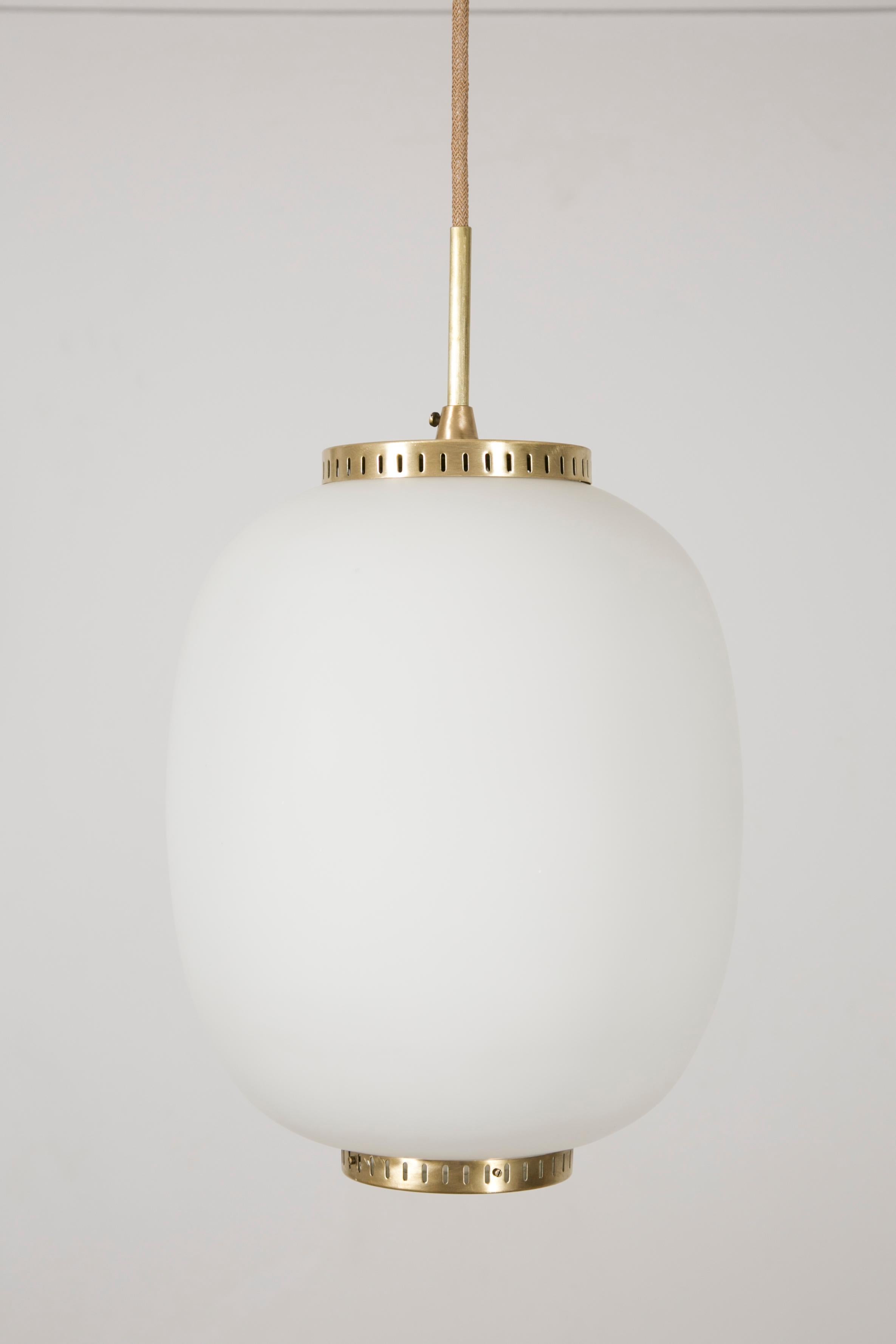 Scandinavian Modern Collection of 5 Opaline Glass and Brass Ceiling Fixtures, Bent Karlby for Lyfa