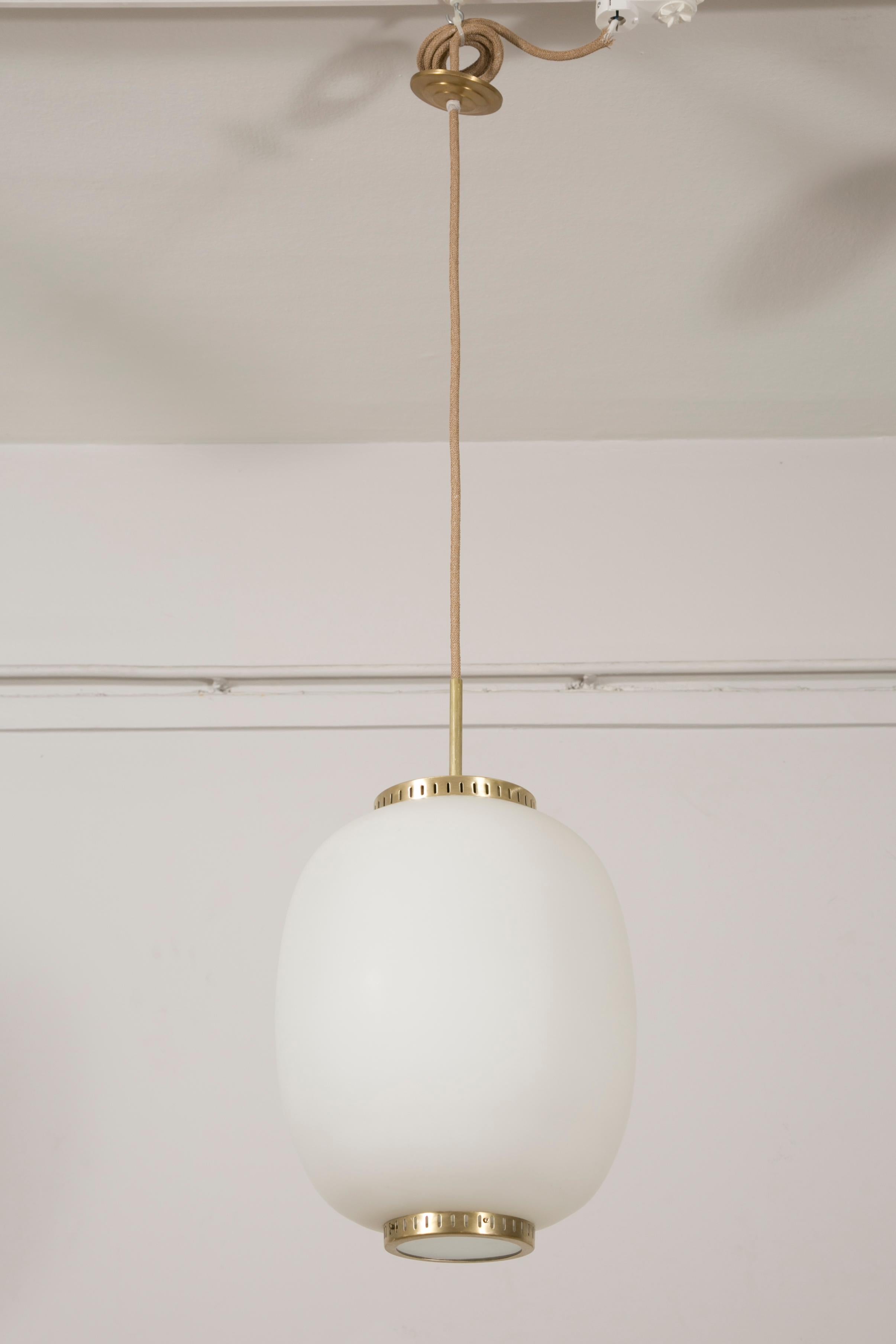 Mid-20th Century Collection of 5 Opaline Glass and Brass Ceiling Fixtures, Bent Karlby for Lyfa