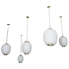 Collection of 5 Opaline Glass and Brass Ceiling Fixtures, Bent Karlby for Lyfa