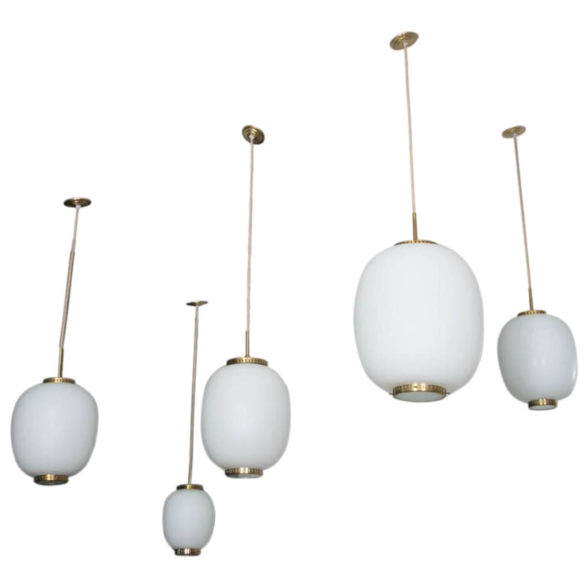 Collection of 5 Opaline Glass and Brass Ceiling Fixtures, Bent Karlby for Lyfa