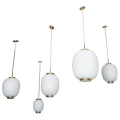 Collection of 5 Opaline Glass and Brass Ceiling Fixtures, Bent Karlby for Lyfa
