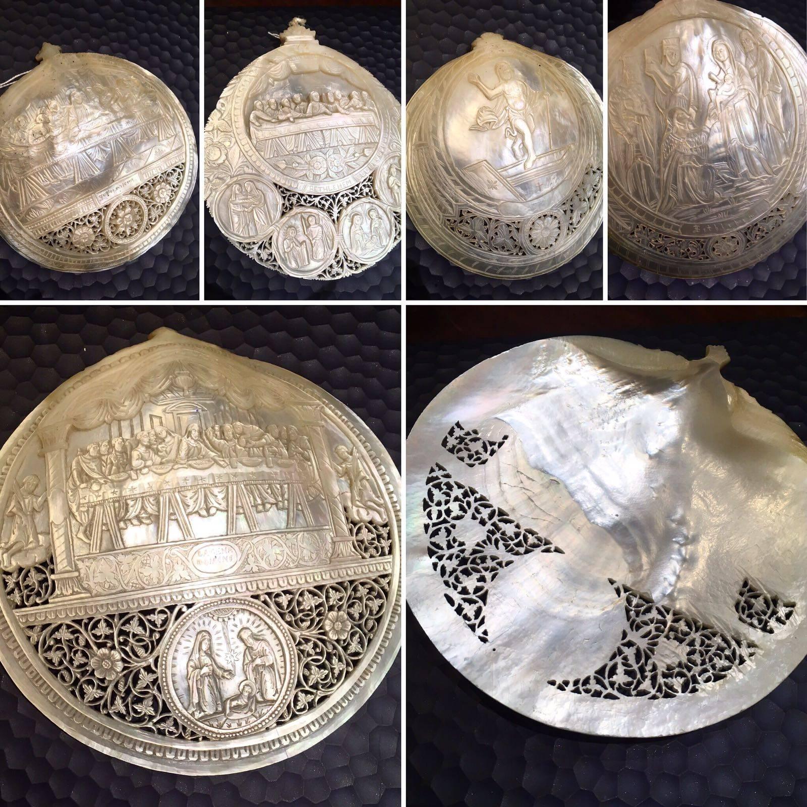 Collection of five Palestinian carved mother-of-pearl shells, with five different scenes of the life of Jesus.