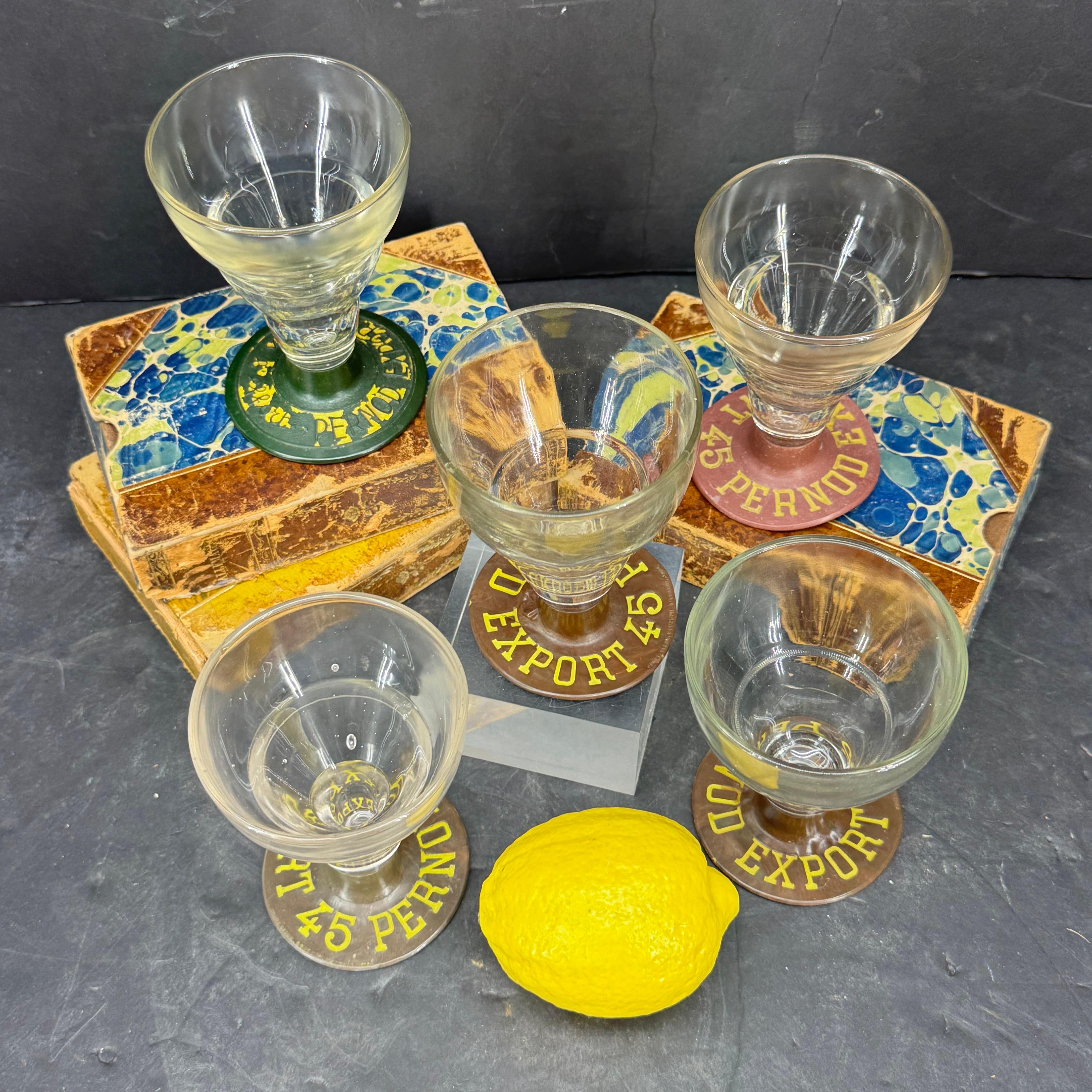 Mid-Century Modern Collection of 5 Pernod Glasses with Bakelite Bases, 1930's For Sale