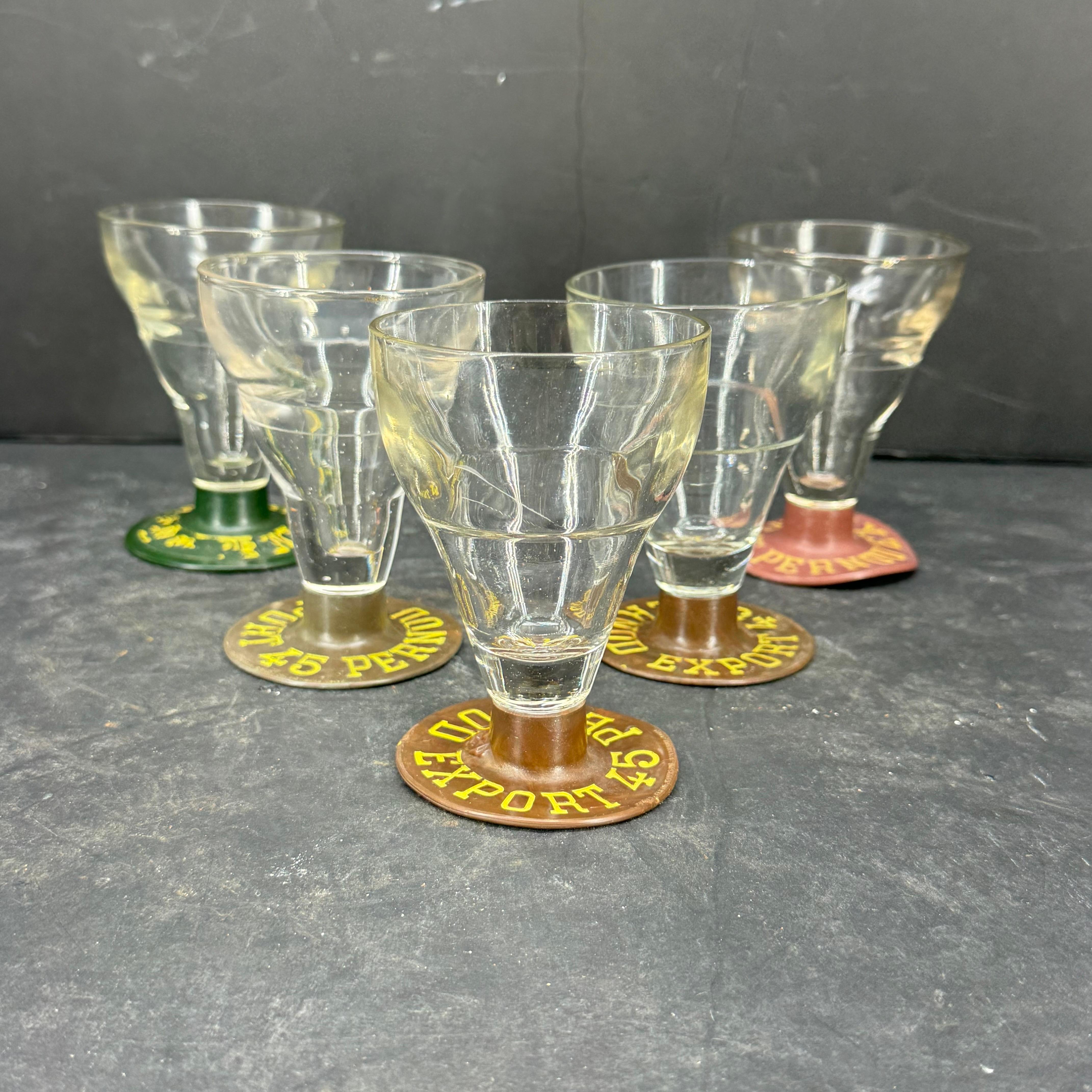 French Collection of 5 Pernod Glasses with Bakelite Bases, 1930's For Sale