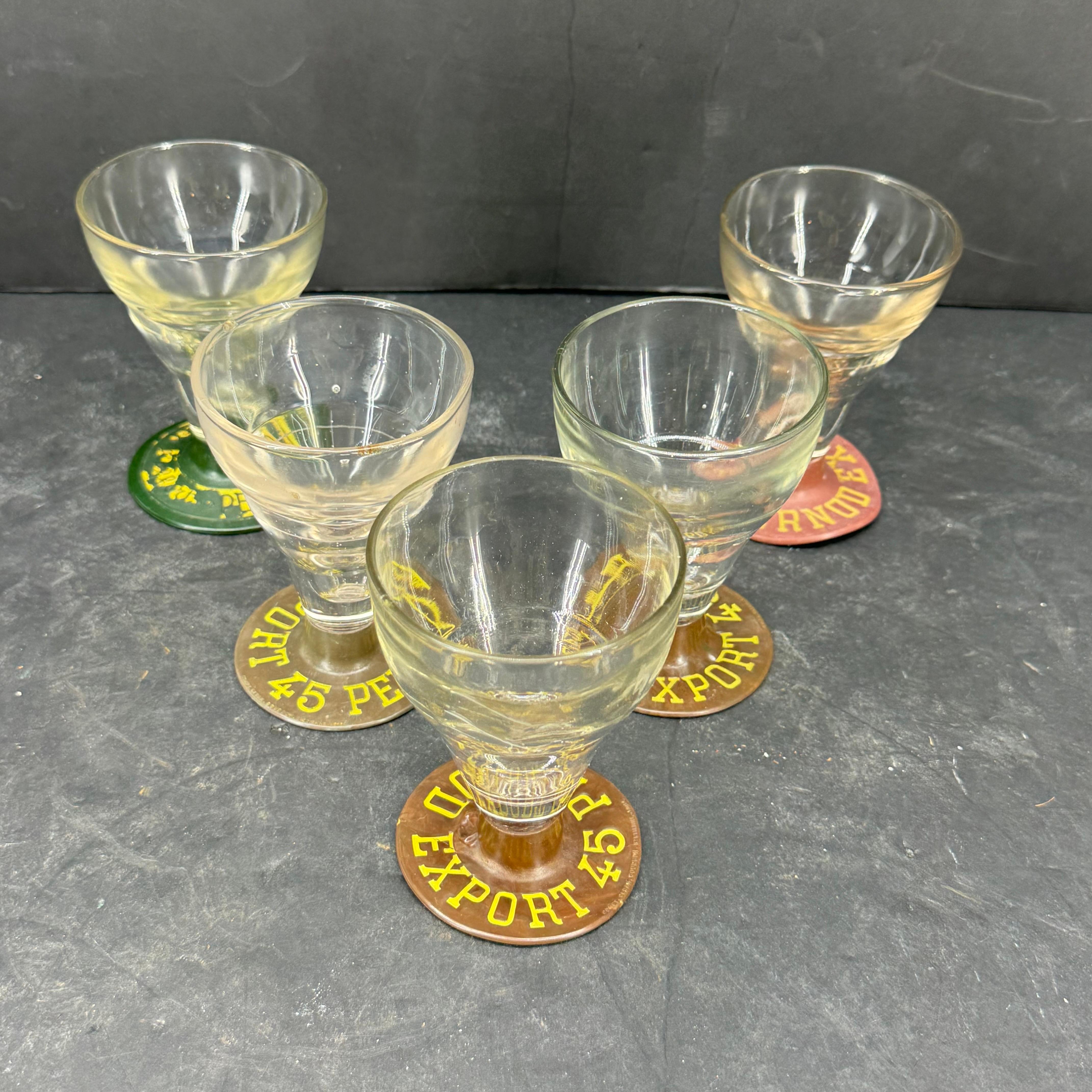 Hand-Painted Collection of 5 Pernod Glasses with Bakelite Bases, 1930's For Sale