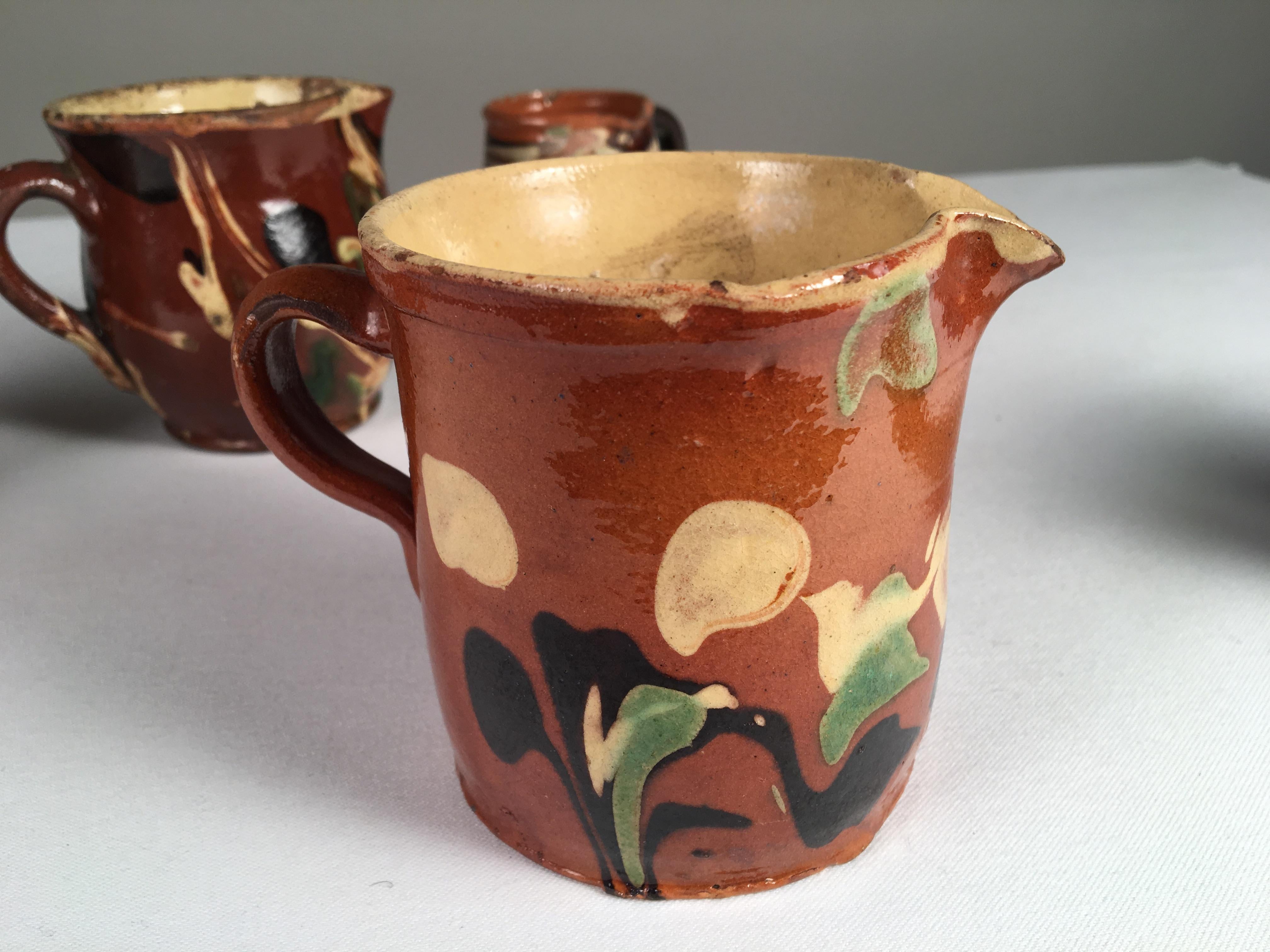 Pottery Collection of 5 Small Jaspe' Cups and Pitchers, French, 19th Century