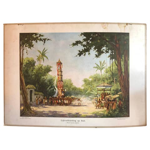 Collection of 5 Vintage School-Charts of Indonesia, Incl Bali Ritual Cremation