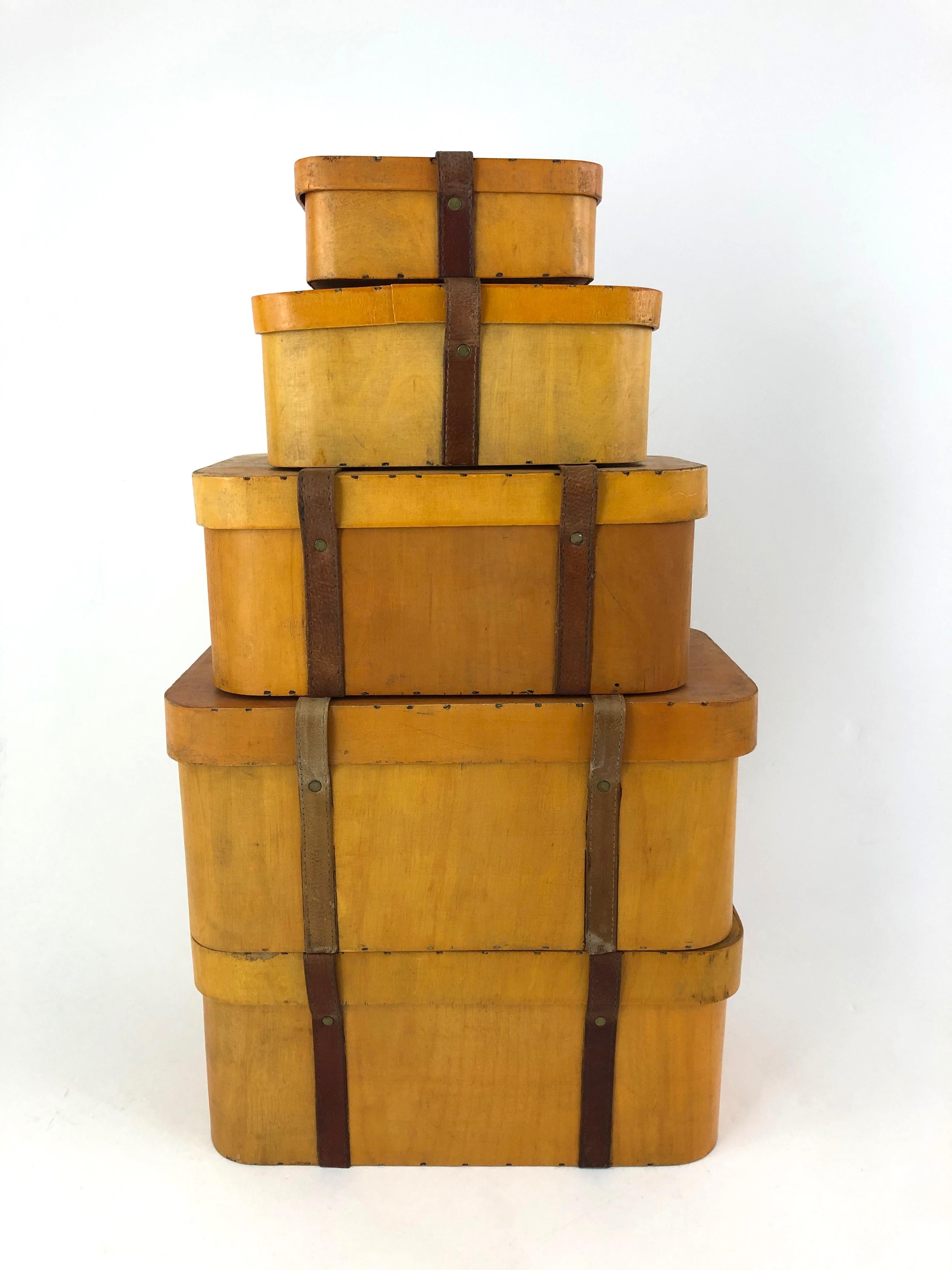 Mid-Century Modern Collection of 5 Vintage Stacked Graduated Bentwood and Leather Suitcases