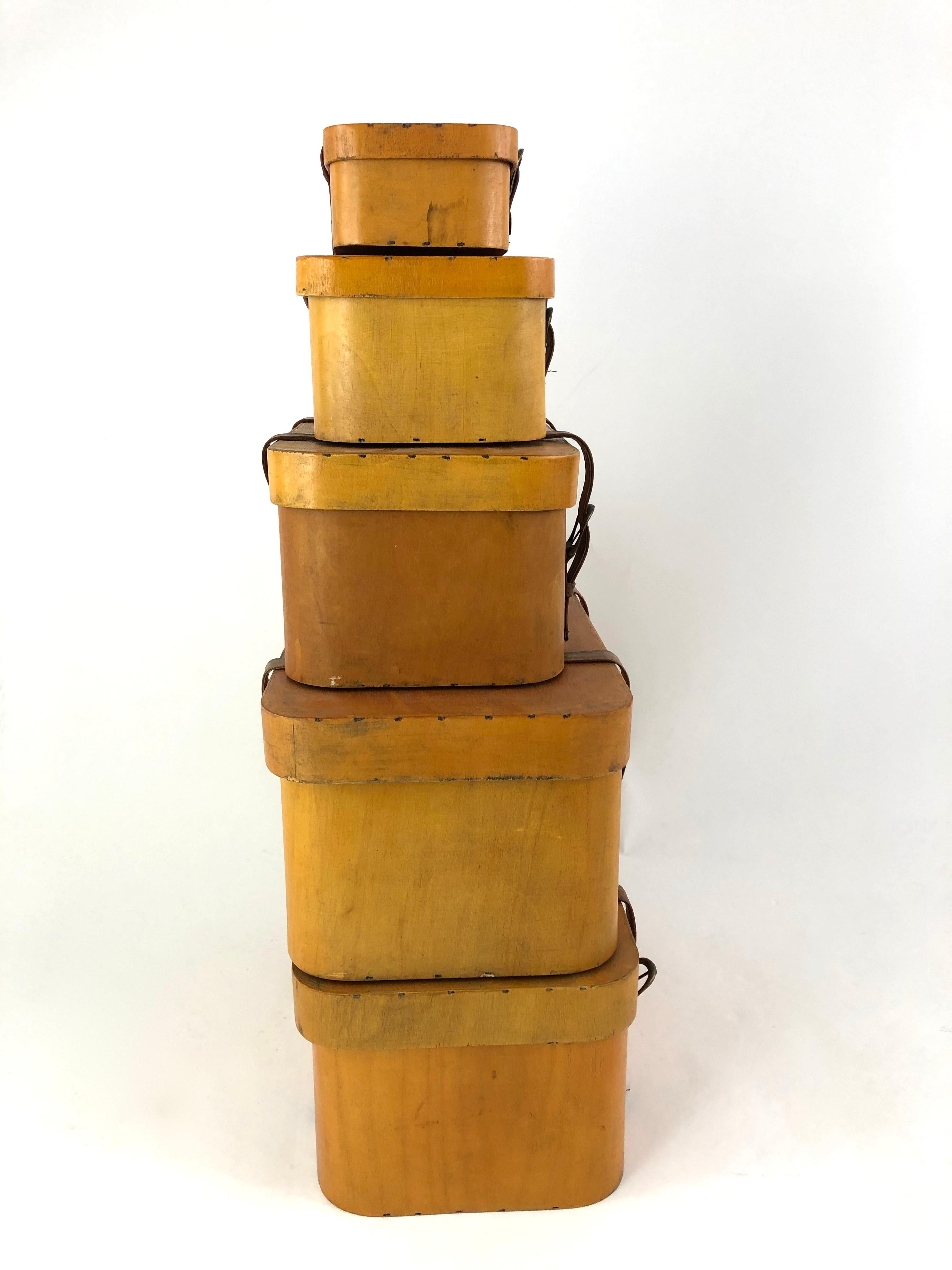 Baltic Collection of 5 Vintage Stacked Graduated Bentwood and Leather Suitcases