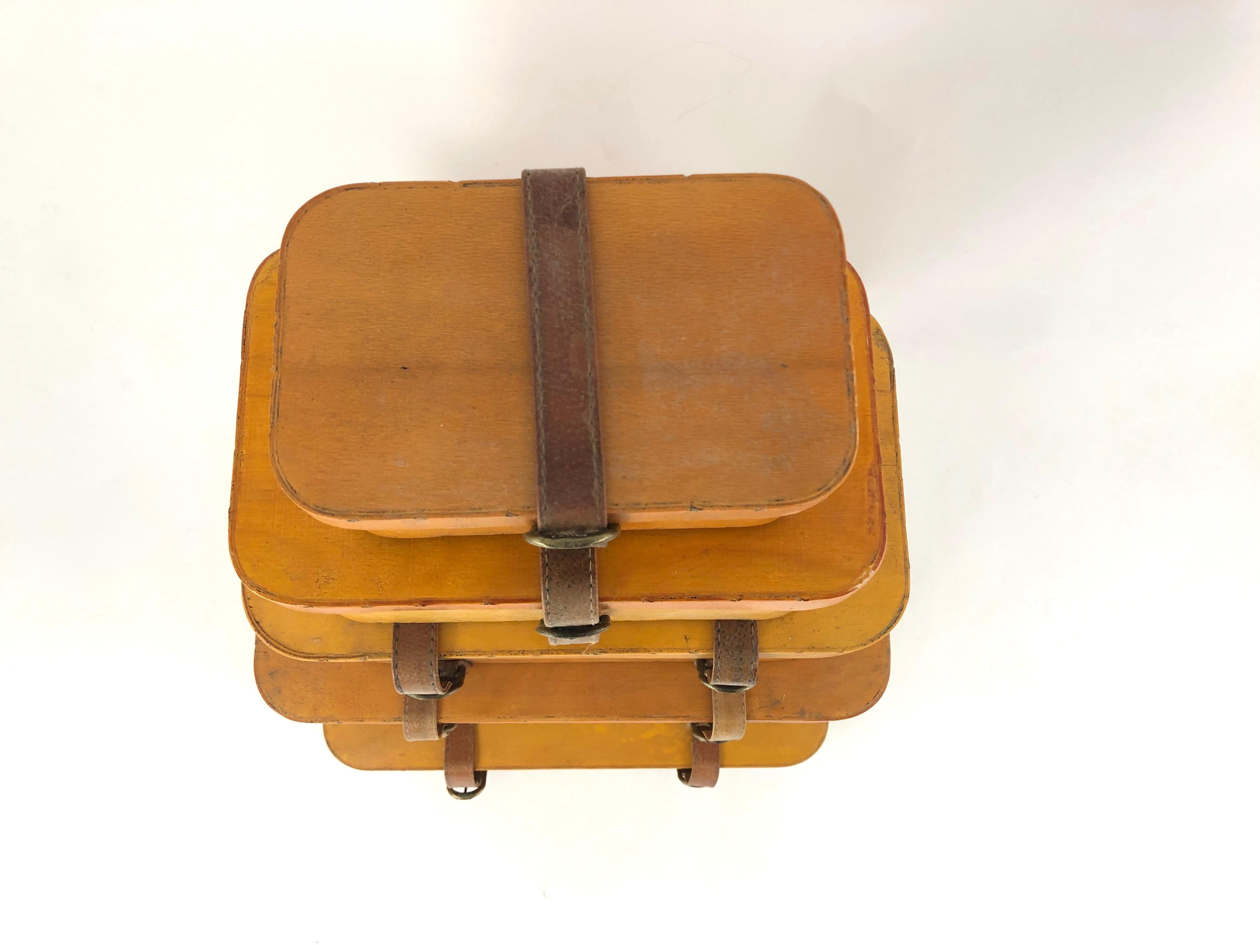 20th Century Collection of 5 Vintage Stacked Graduated Bentwood and Leather Suitcases