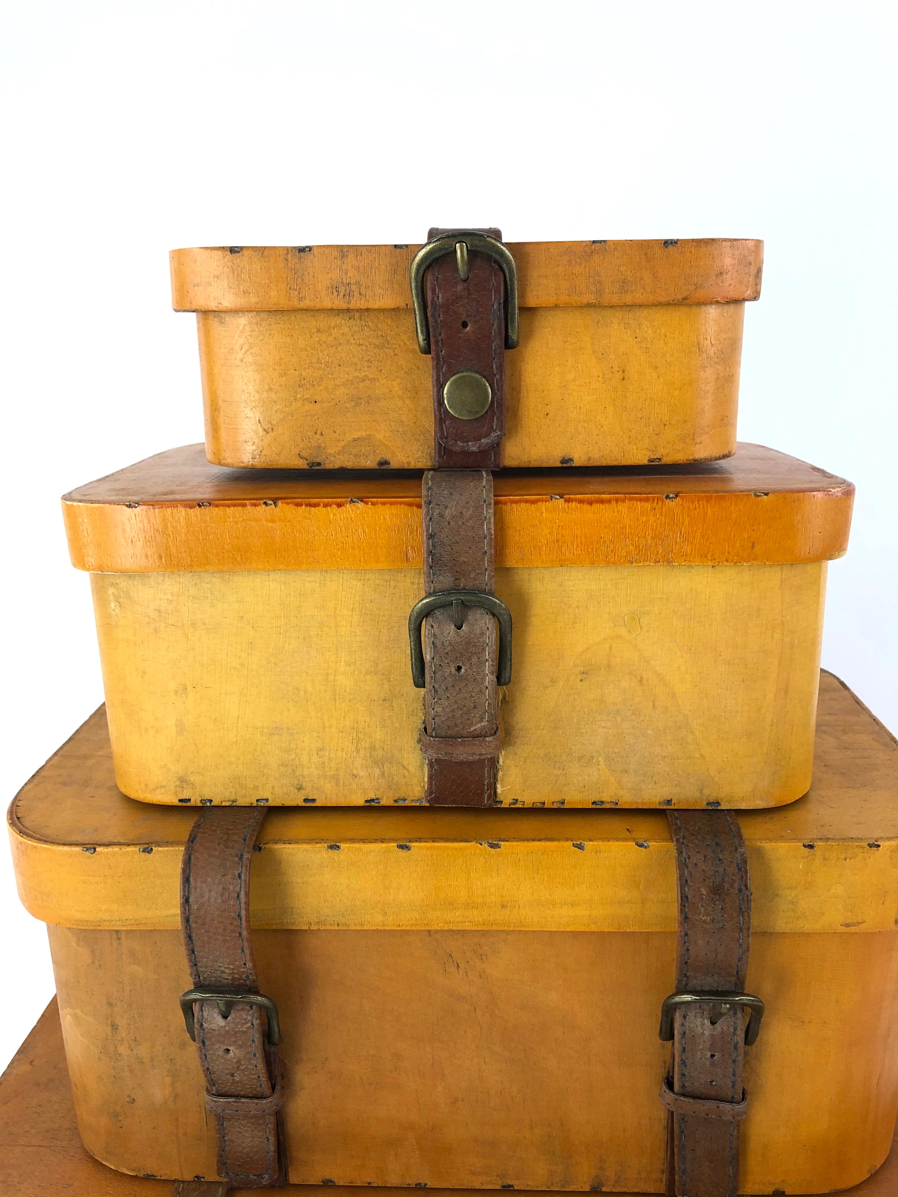 Collection of 5 Vintage Stacked Graduated Bentwood and Leather Suitcases 1