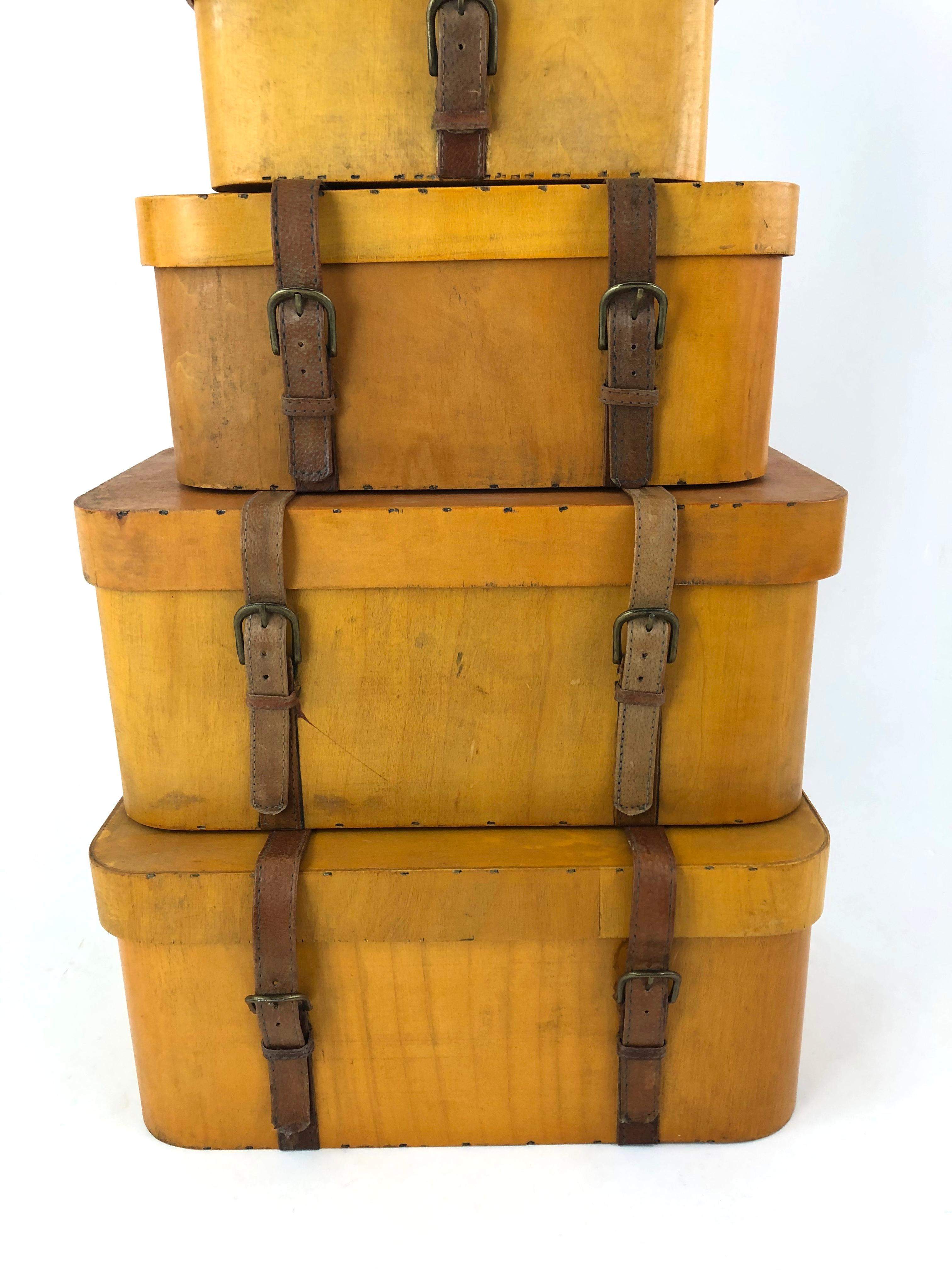 Collection of 5 Vintage Stacked Graduated Bentwood and Leather Suitcases 2