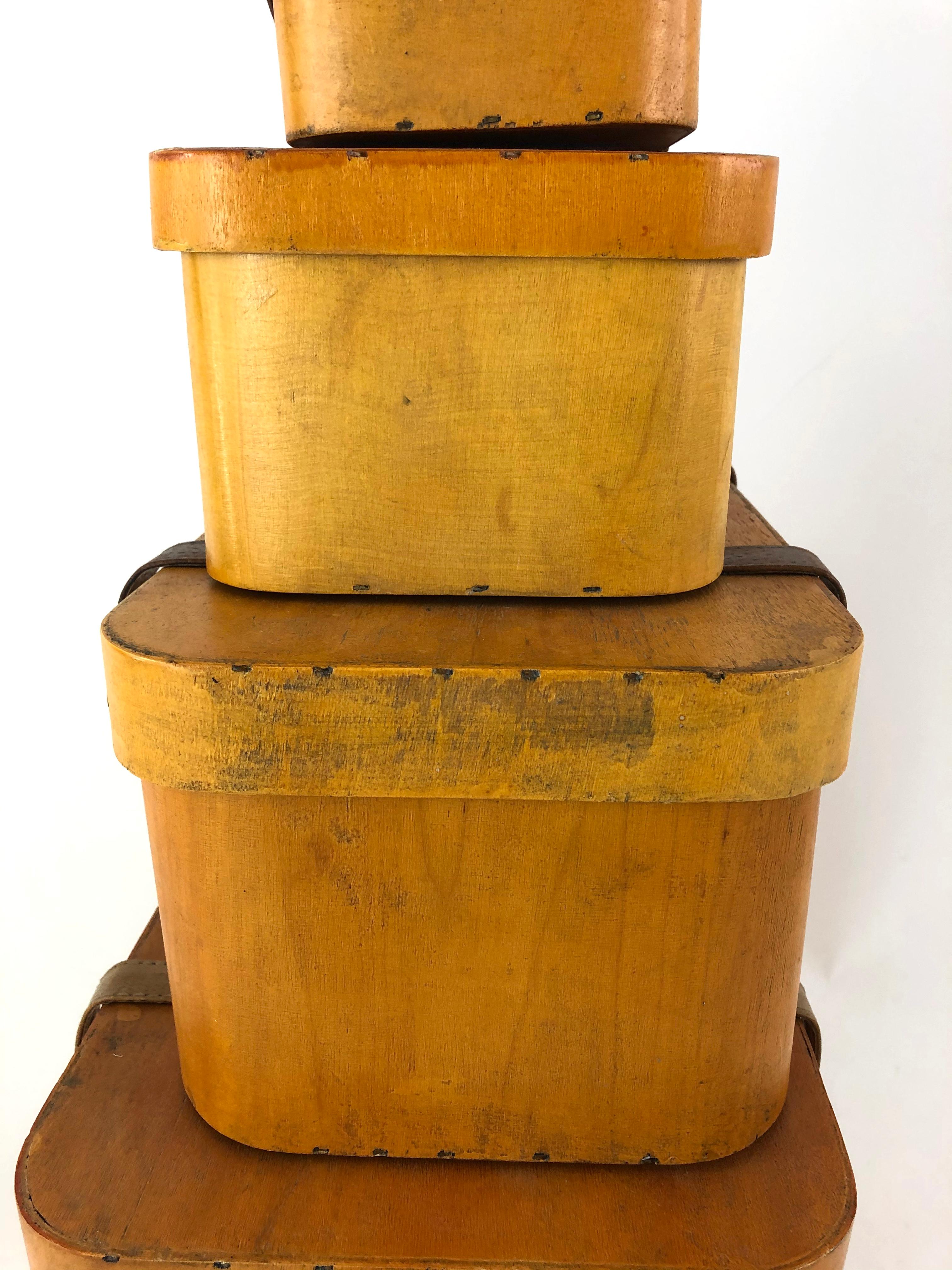 Collection of 5 Vintage Stacked Graduated Bentwood and Leather Suitcases 3