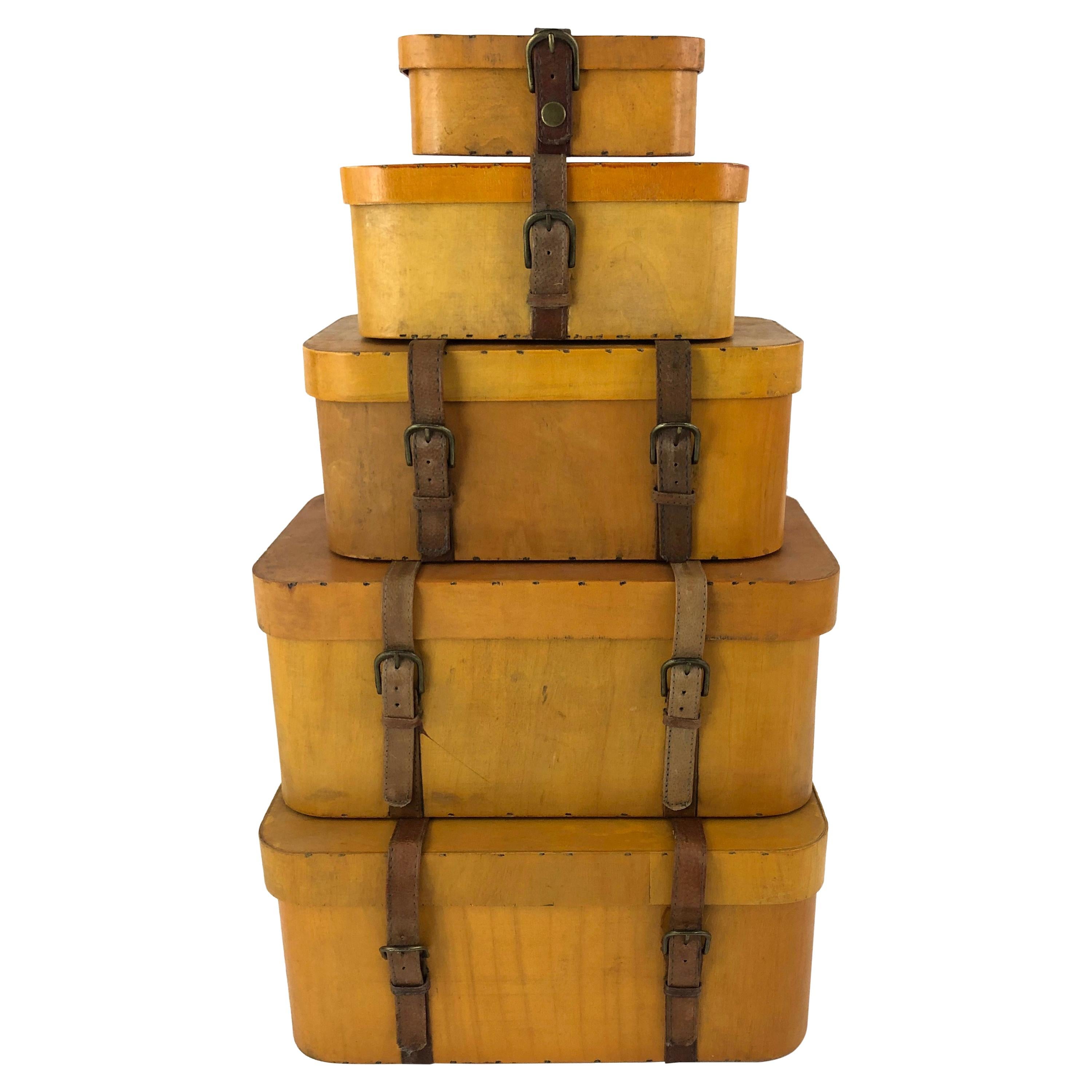 Collection of 5 Vintage Stacked Graduated Bentwood and Leather Suitcases