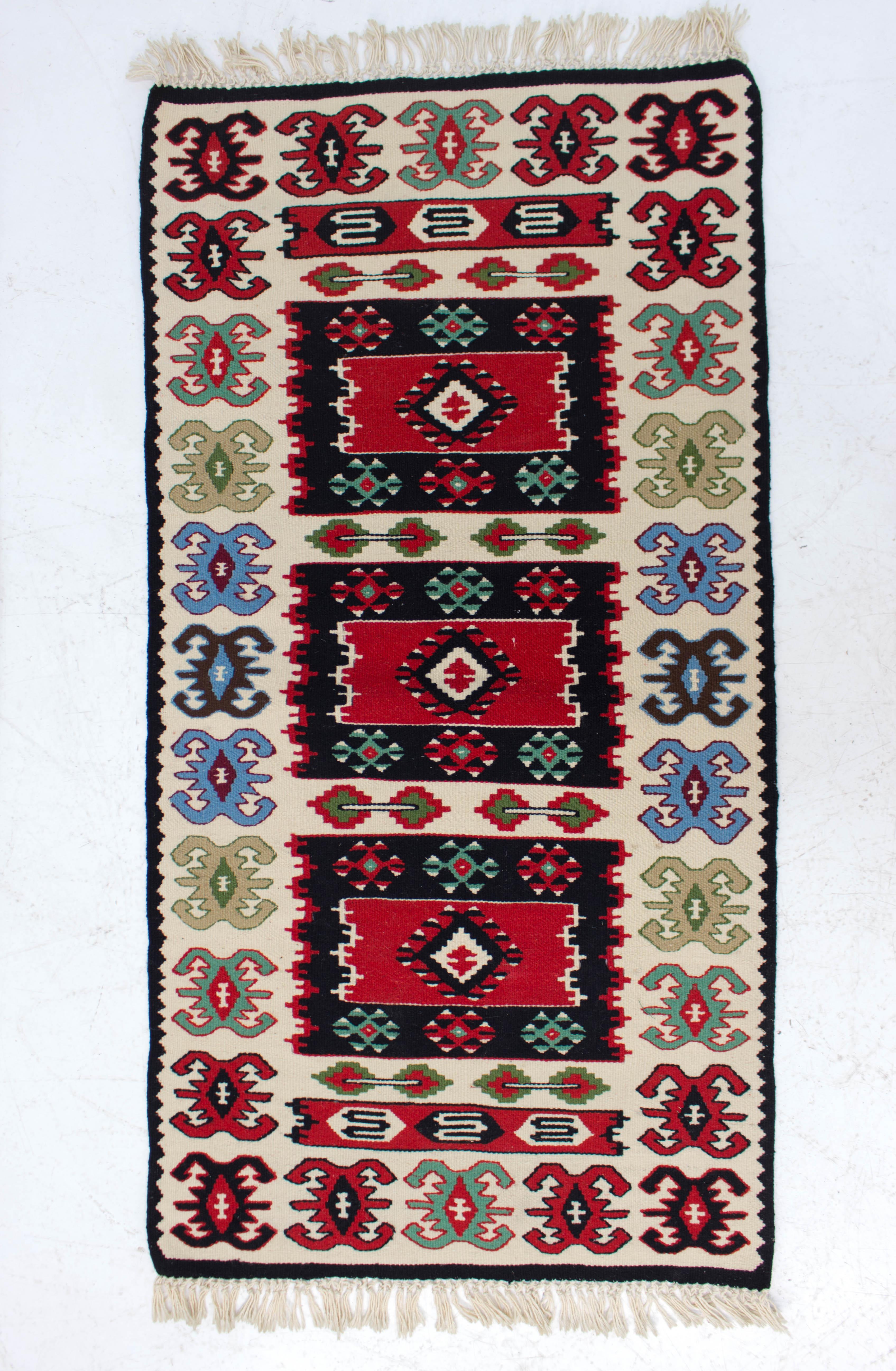 Set of five wool Kilim rugs from 1960s made in Czechoslovakia in very good condition. Sizes: 2 pieces: 120 x 61cm, 1 piece: 120 x 42cm, 2 pieces: 30 x 30cm.