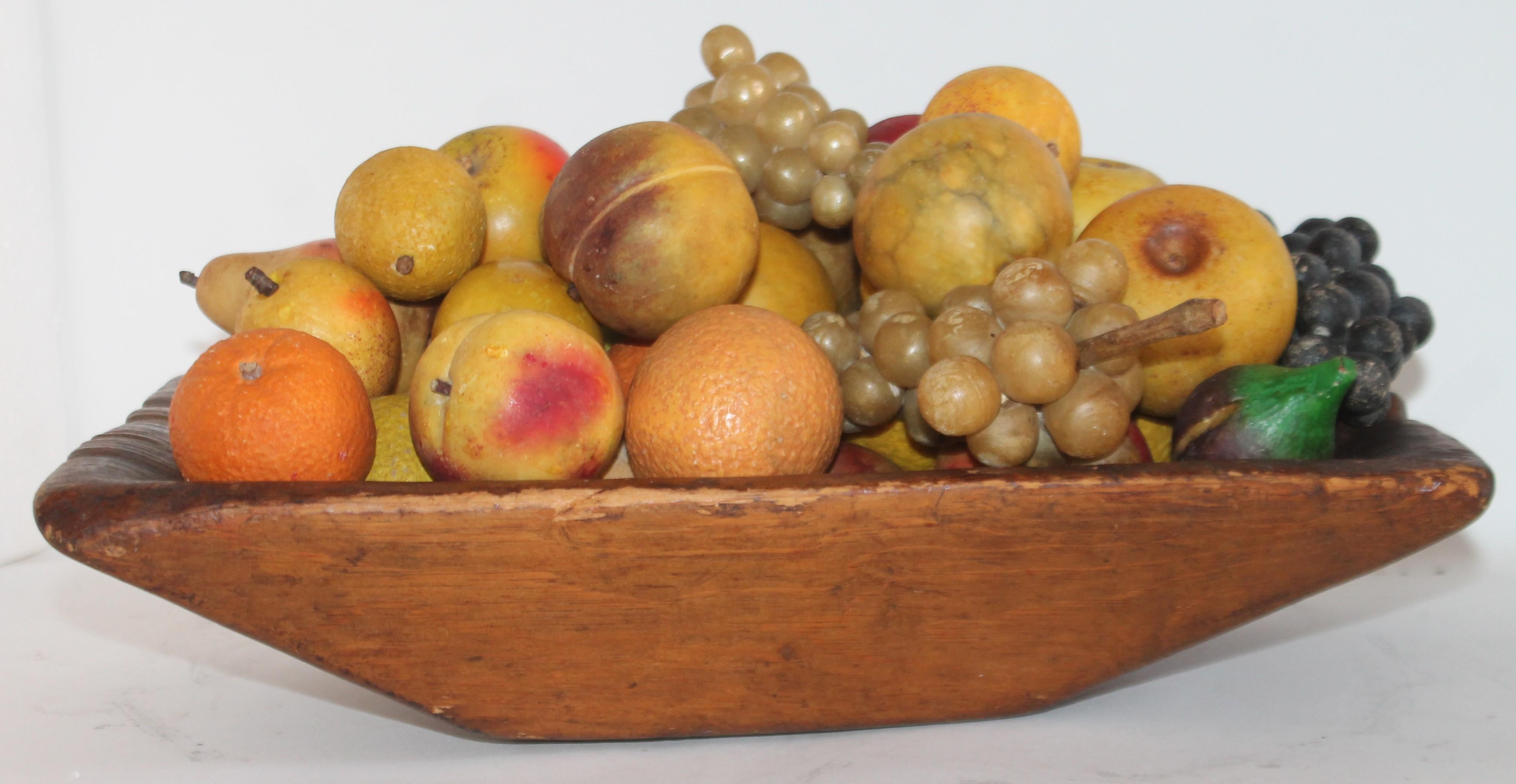 Adirondack Collection of 50 Pieces of Stone Fruit in 19th Century Hand Carved Bowl