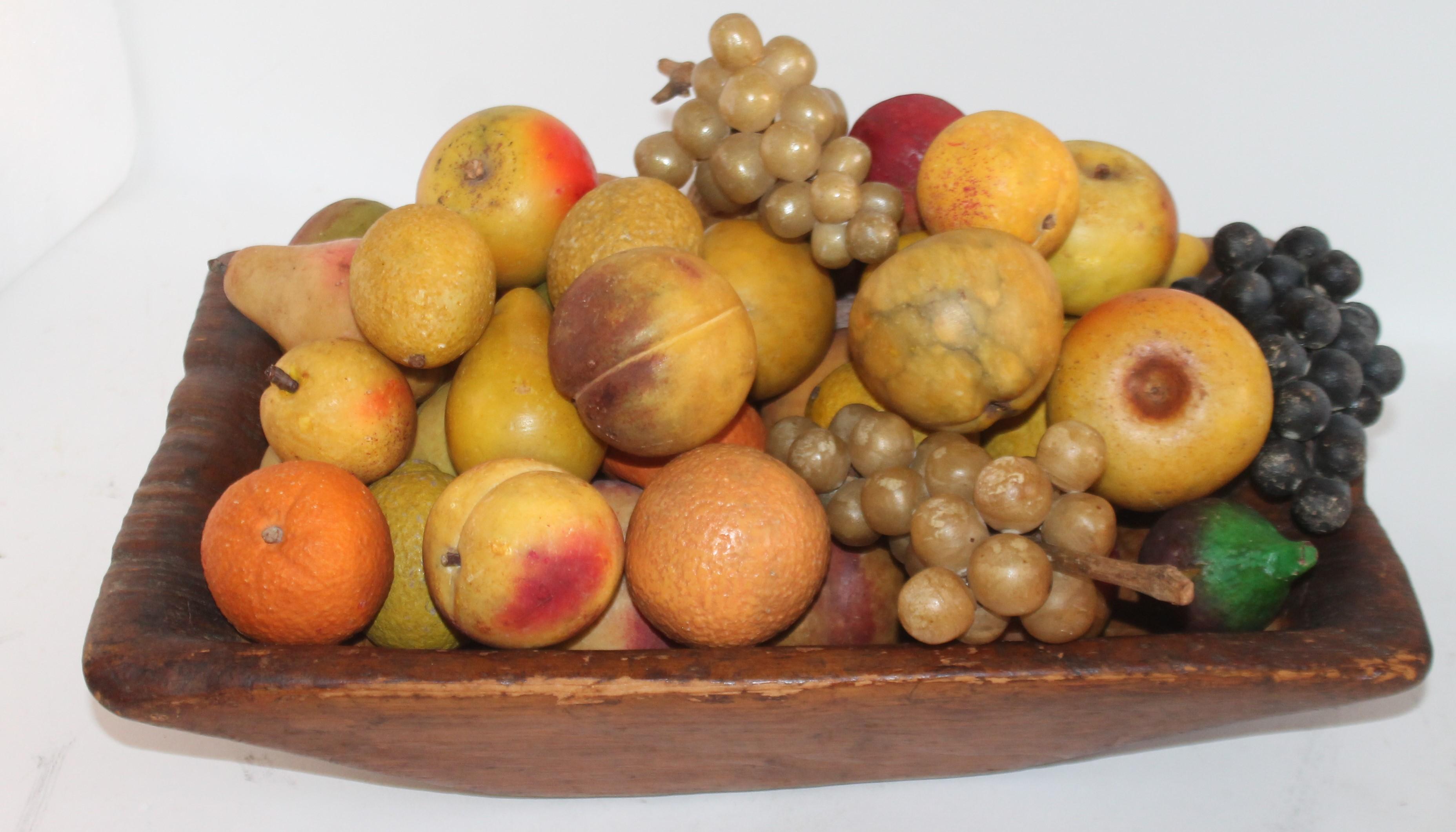 American Collection of 50 Pieces of Stone Fruit in 19th Century Hand Carved Bowl