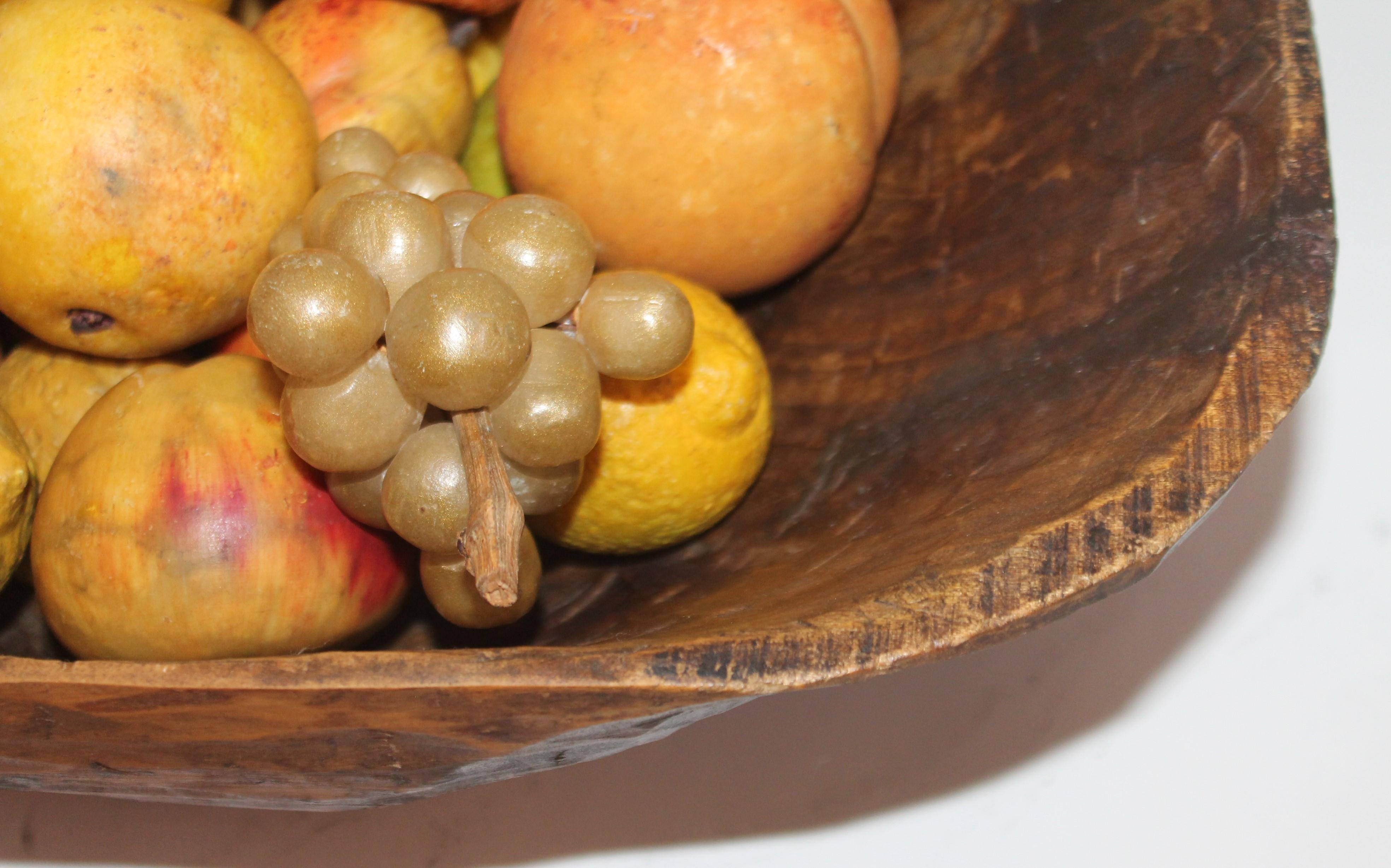 Collection of 50 Pieces, Stone Fruit in 19th Century Hand Carved Bowl In Good Condition In Los Angeles, CA