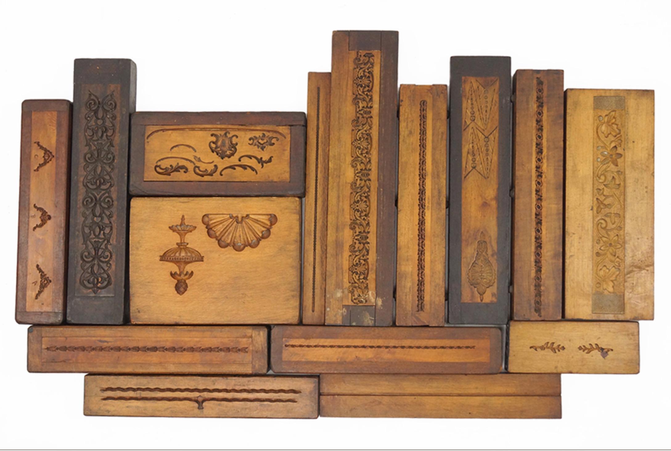 Collection of 50 19th century carved wood molds for castings. Would make a great residential or commercial art installation. Sizes vary, great color and patina.  Please note there are currently 50 molds left as we have sold four.  Please check in