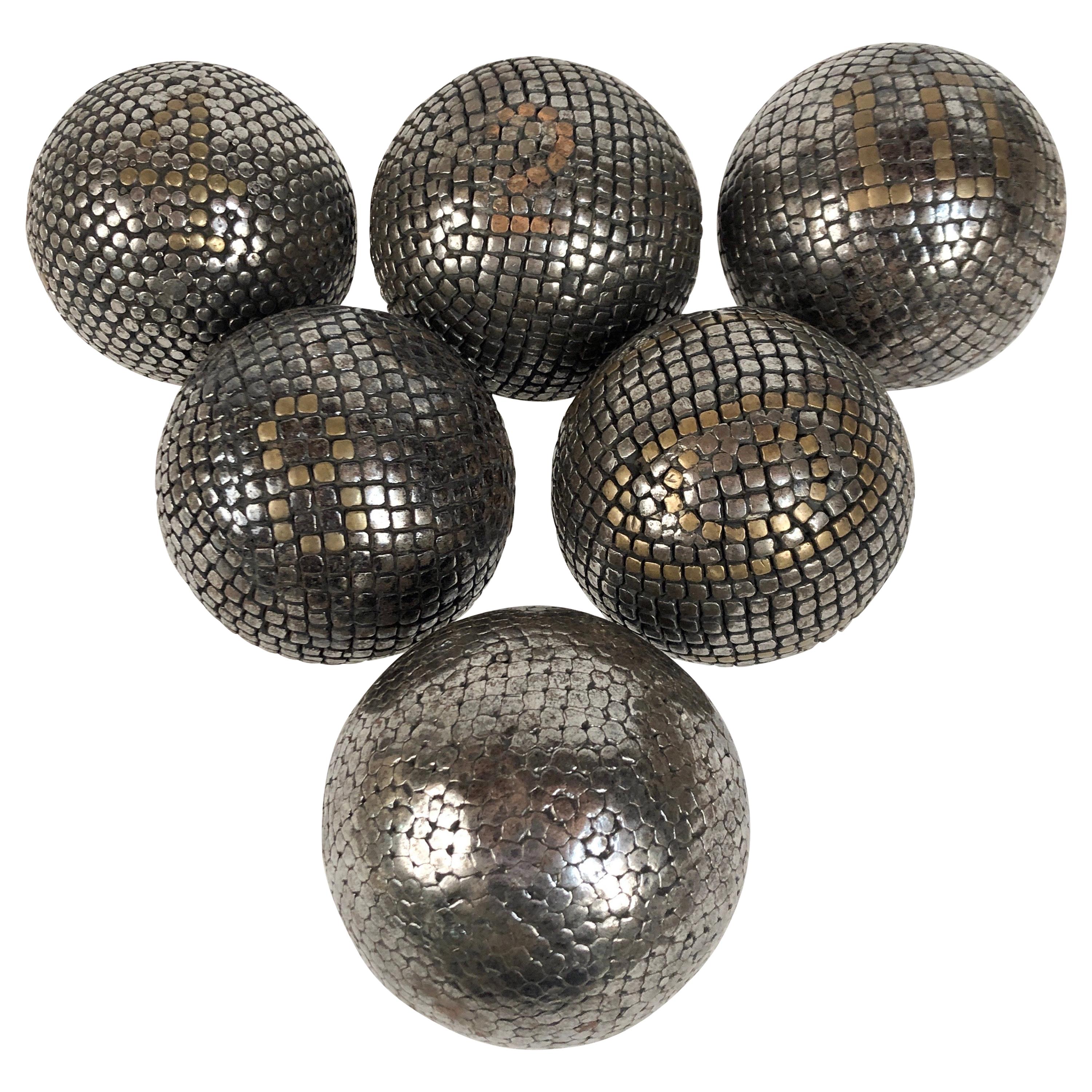 Collection of 6 Antique French Steel and Brass Studded Pétanque Balls