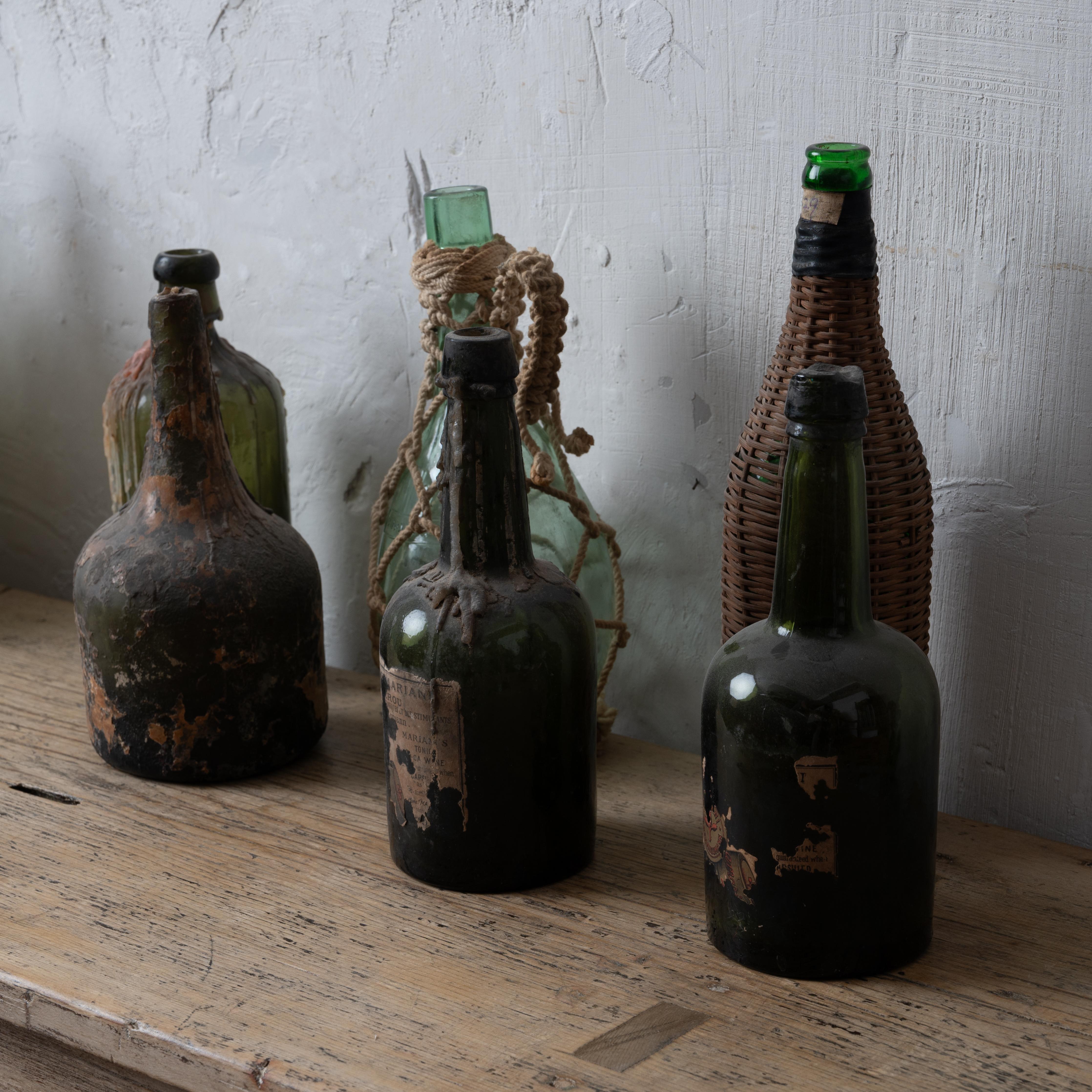 French Collection of 6 Antique Wine Bottles - Coca Mariani, Woven Wicker - Savannah, Ga For Sale