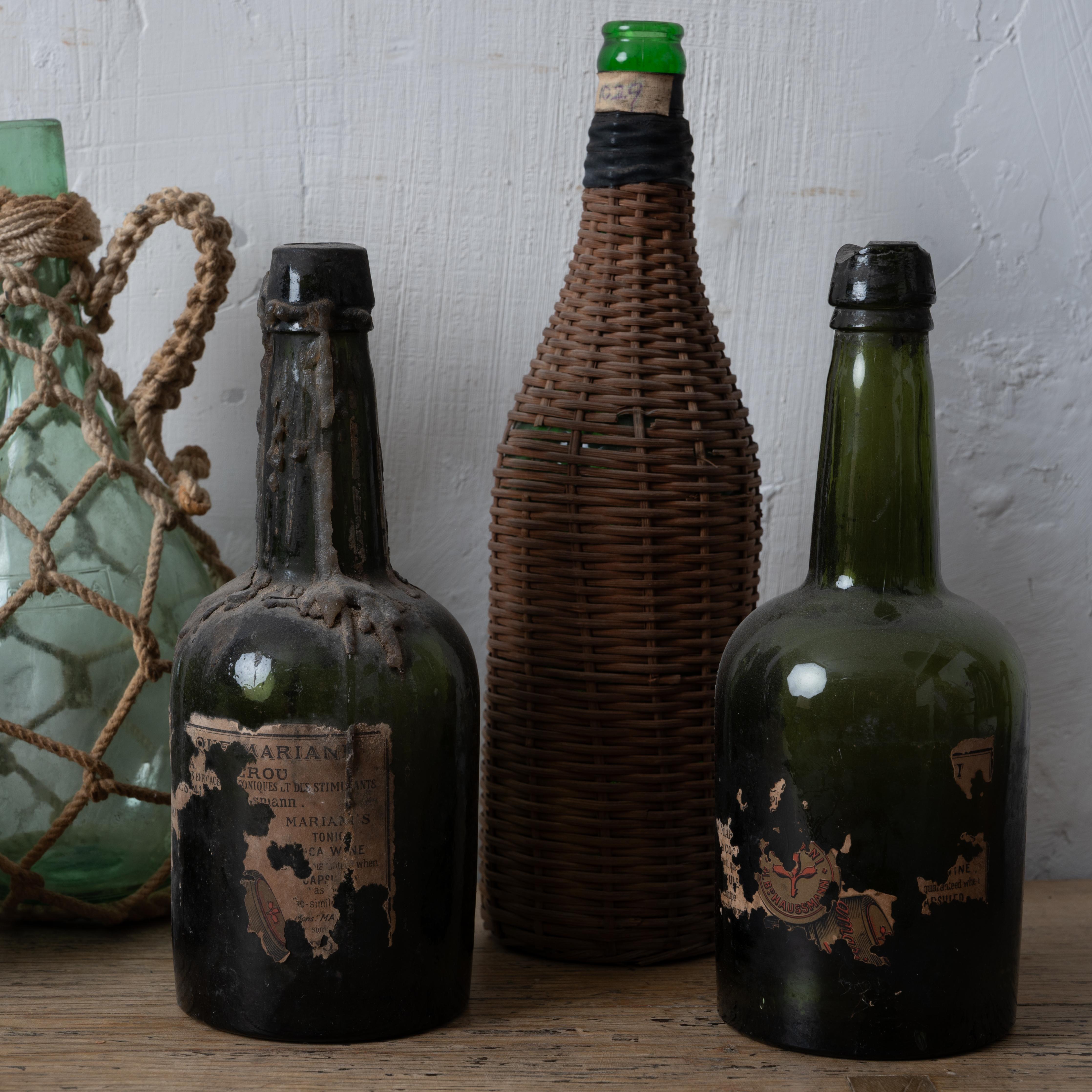 20th Century Collection of 6 Antique Wine Bottles - Coca Mariani, Woven Wicker - Savannah, Ga For Sale