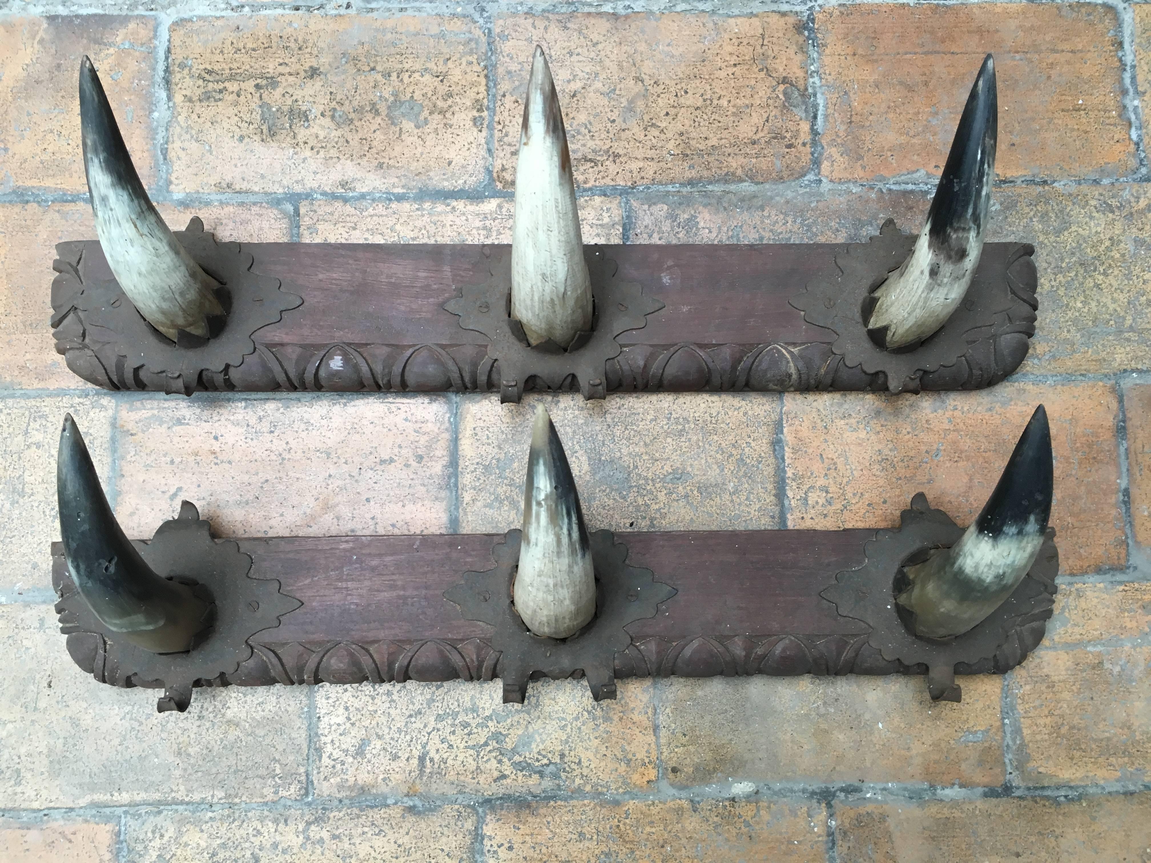 Collection of six artisanal horn coat racks. Ideal for decoration of cabin.
Made of fruitwood and cow horns.