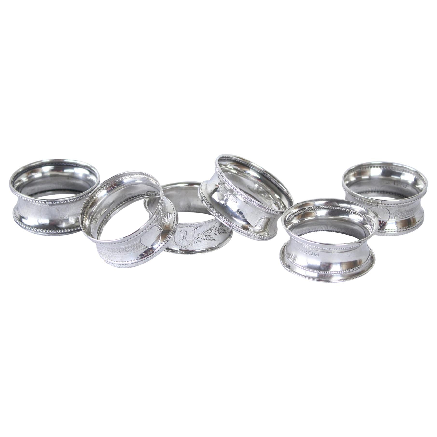 Collection of 6 Assorted English Hallmarked Napkin Rings For Sale