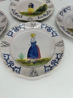 Collection of 6 French Quimper Faience Pottery Figural Shield Armorial Plates