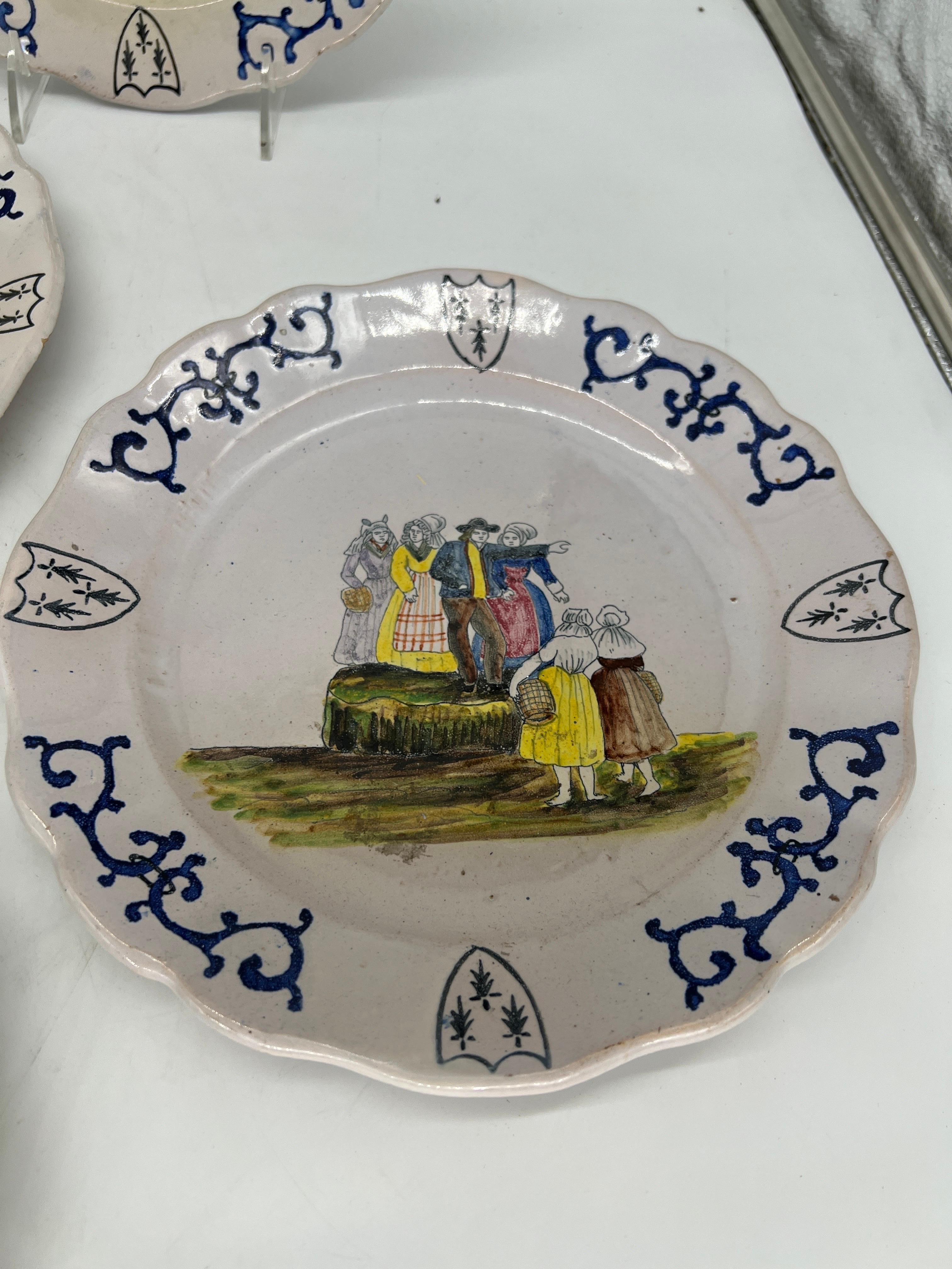 Faïence The Collective of 6 French Quimper Faience Pottery Figural Shield Armorial Plates en vente