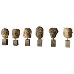 Collection of 6 Gods Head Statues Hand-Carved in Limestone, Late 20th Century