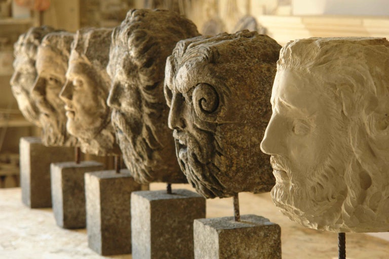 Collection of 6 Gods Head Statues Handcrafted in Limestone, Late 20th