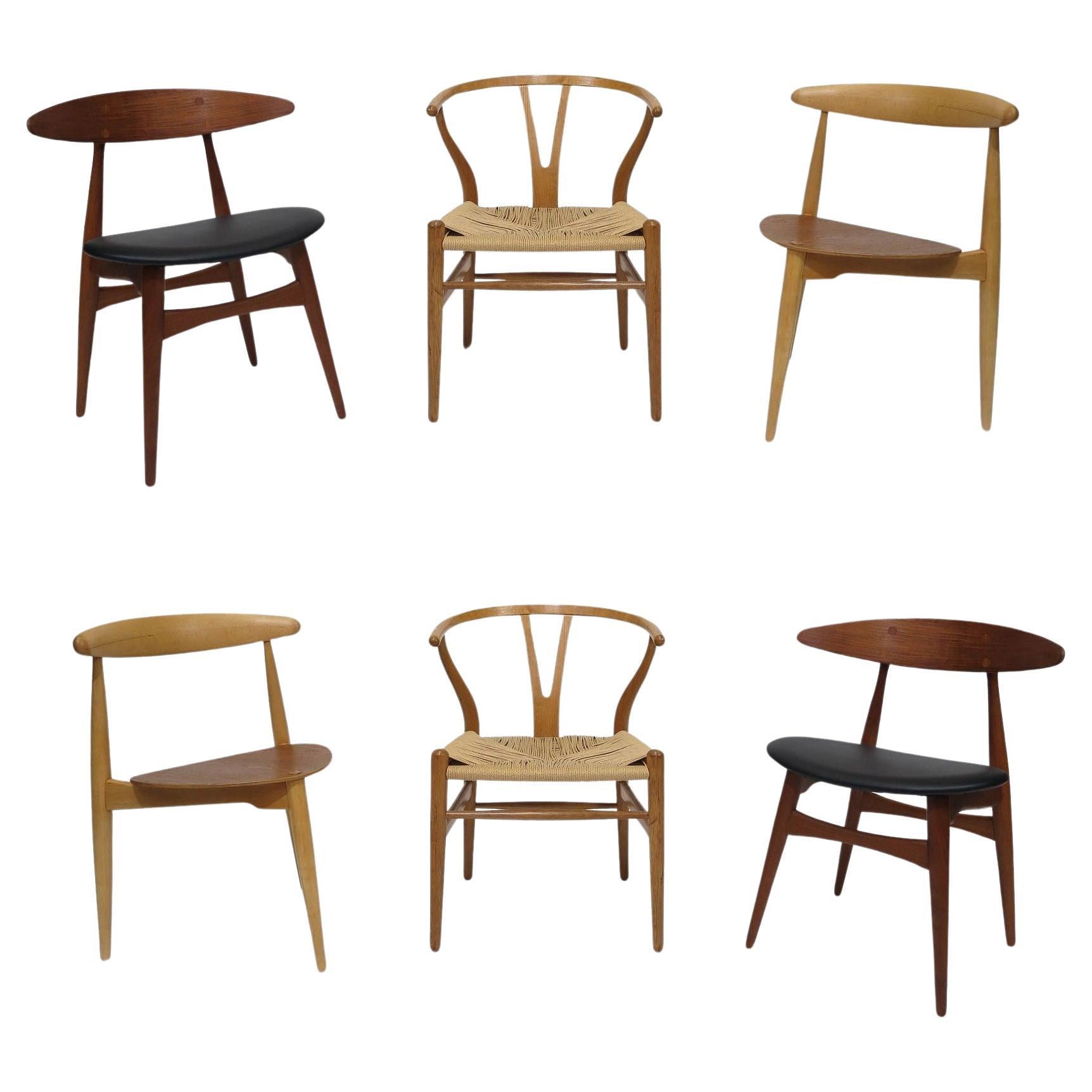 Collection of 6 Hans Wegner Chairs, Wishbone, Heart, CH33