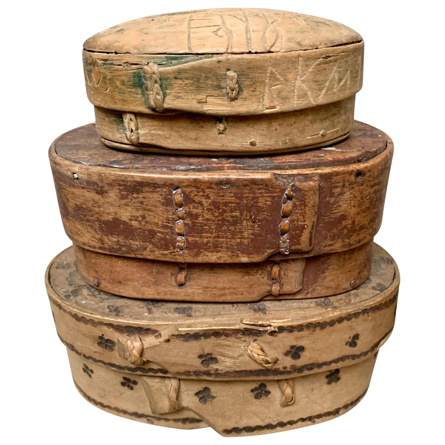 A collection of 6 Swedish original painted and carved small boxes from the Gustavian Folk Art period. These 19th Century Scandinavian small collectibles were usually hand crafted and sometimes painted, to keep personal small objects and simple (but
