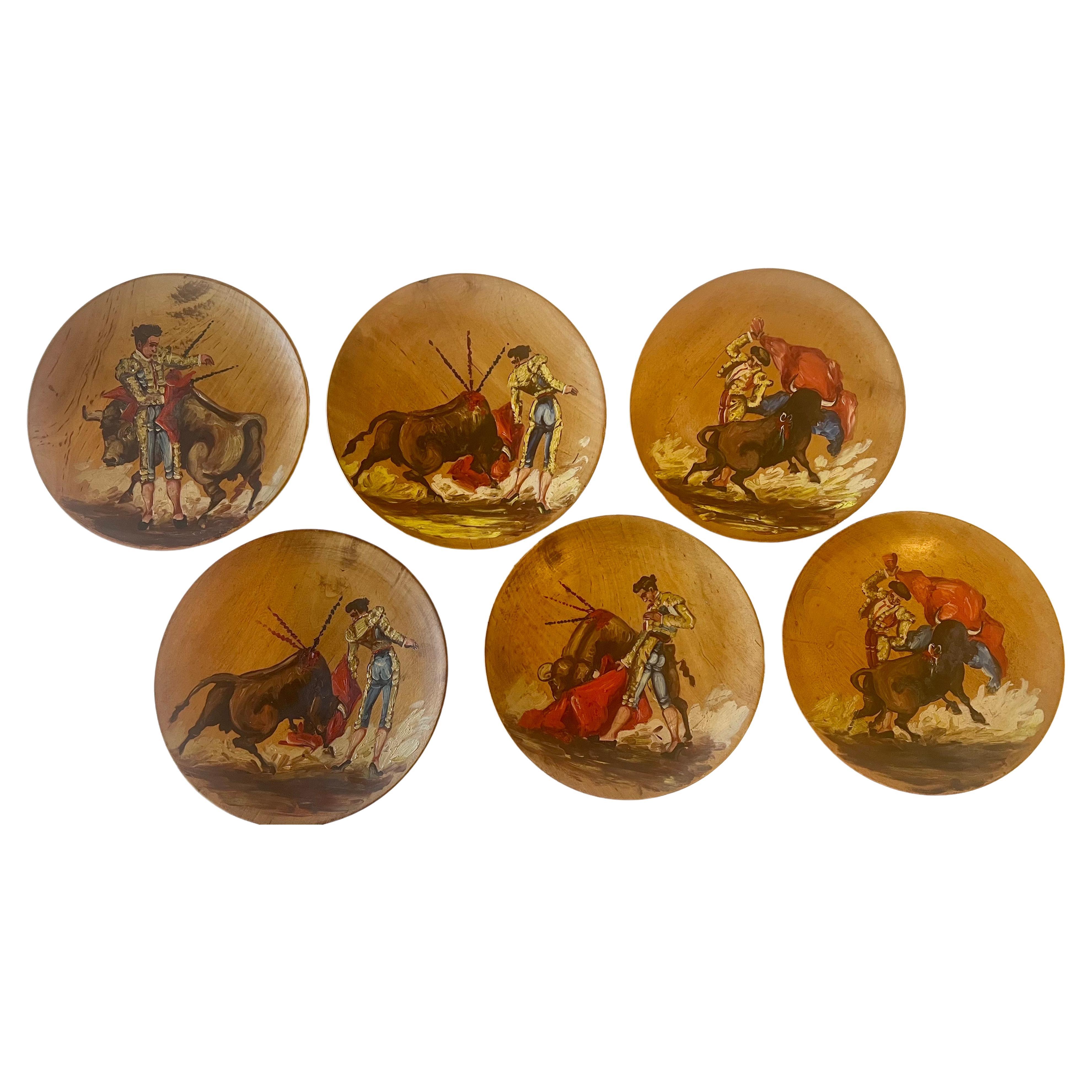 Mid-Century Modern Collection of 6 Wood Hand Painted Painted Plates of Bull fight 