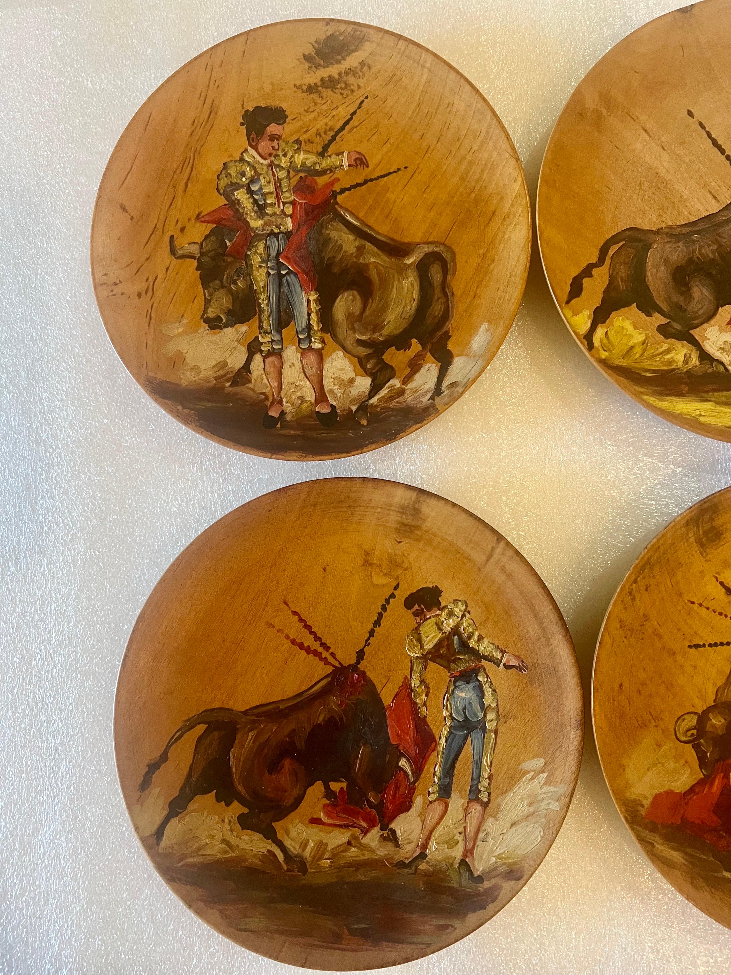 Spanish Collection of 6 Wood Hand Painted Painted Plates of Bull fight 