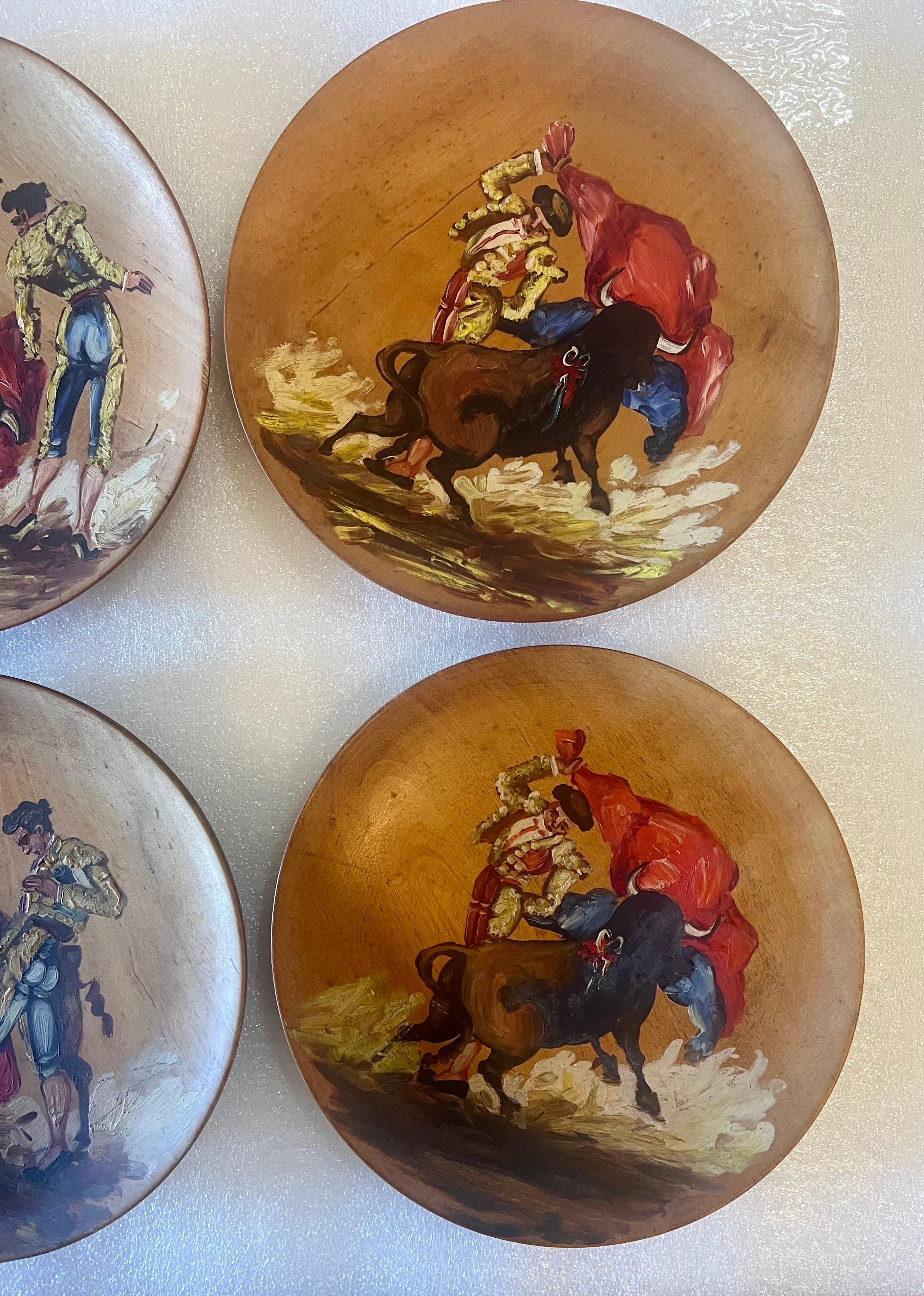 20th Century Collection of 6 Wood Hand Painted Painted Plates of Bull fight 