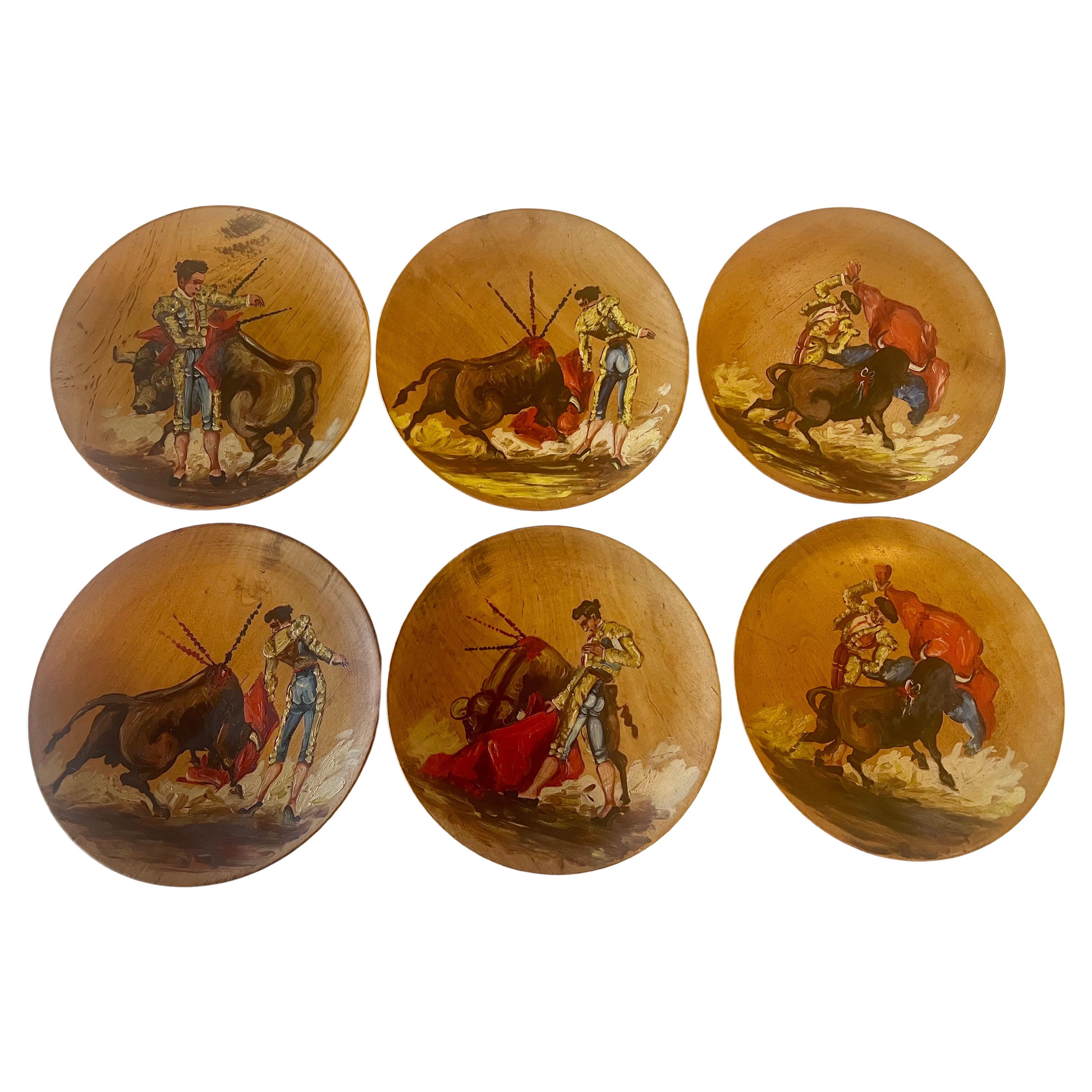 Collection of 6 Wood Hand Painted Painted Plates of Bull fight "La fiesta Brava" For Sale