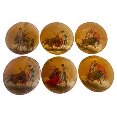 Vintage Collection of 6 Wood Hand Painted Painted Plates of Bull fight "La fiesta Brava"