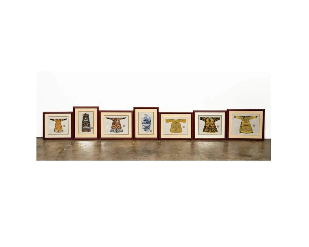 Chinese Group of framed modern representations of six colorful robes and one blue and white export porcelain vase.

After important historical replicas featuring, imperial Kesi dragons, rank badges, and forbidden knots.

Approx. 16.75