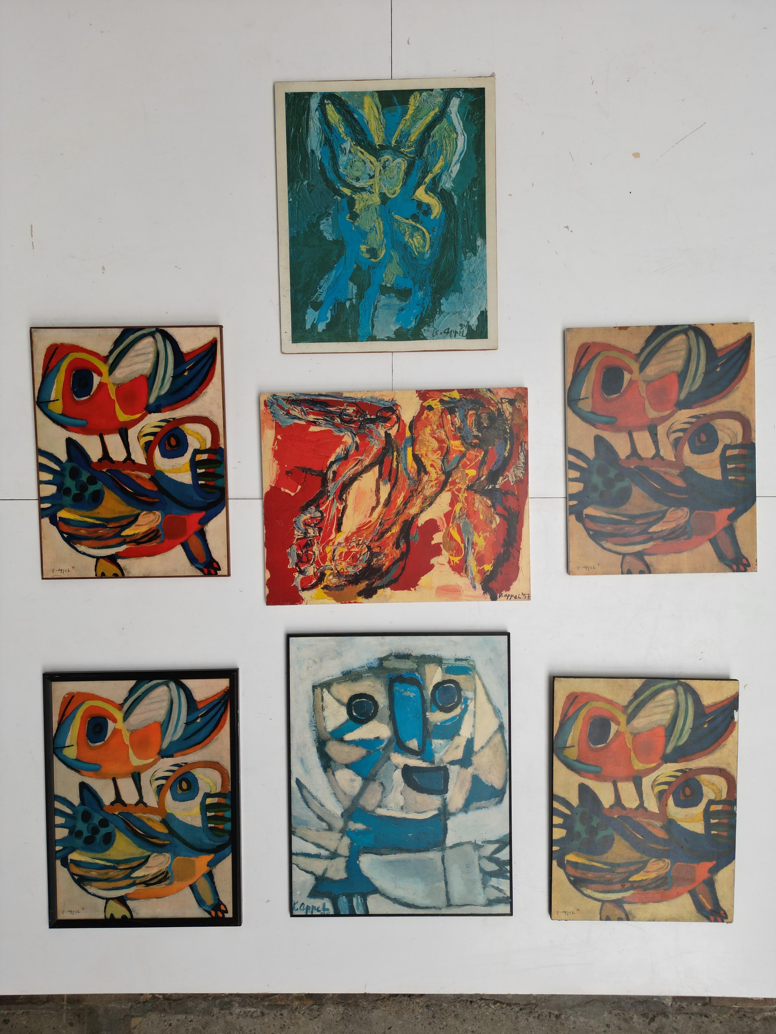 These Karel Appel Abstract early 1950's reproductions were fashionable in the 1970's in the Netherlands

Printed paper on chipwood 

Sold in Dutch interior stores these wall decorations were a 'cheap' alternative for the mass to have a Karel Appel