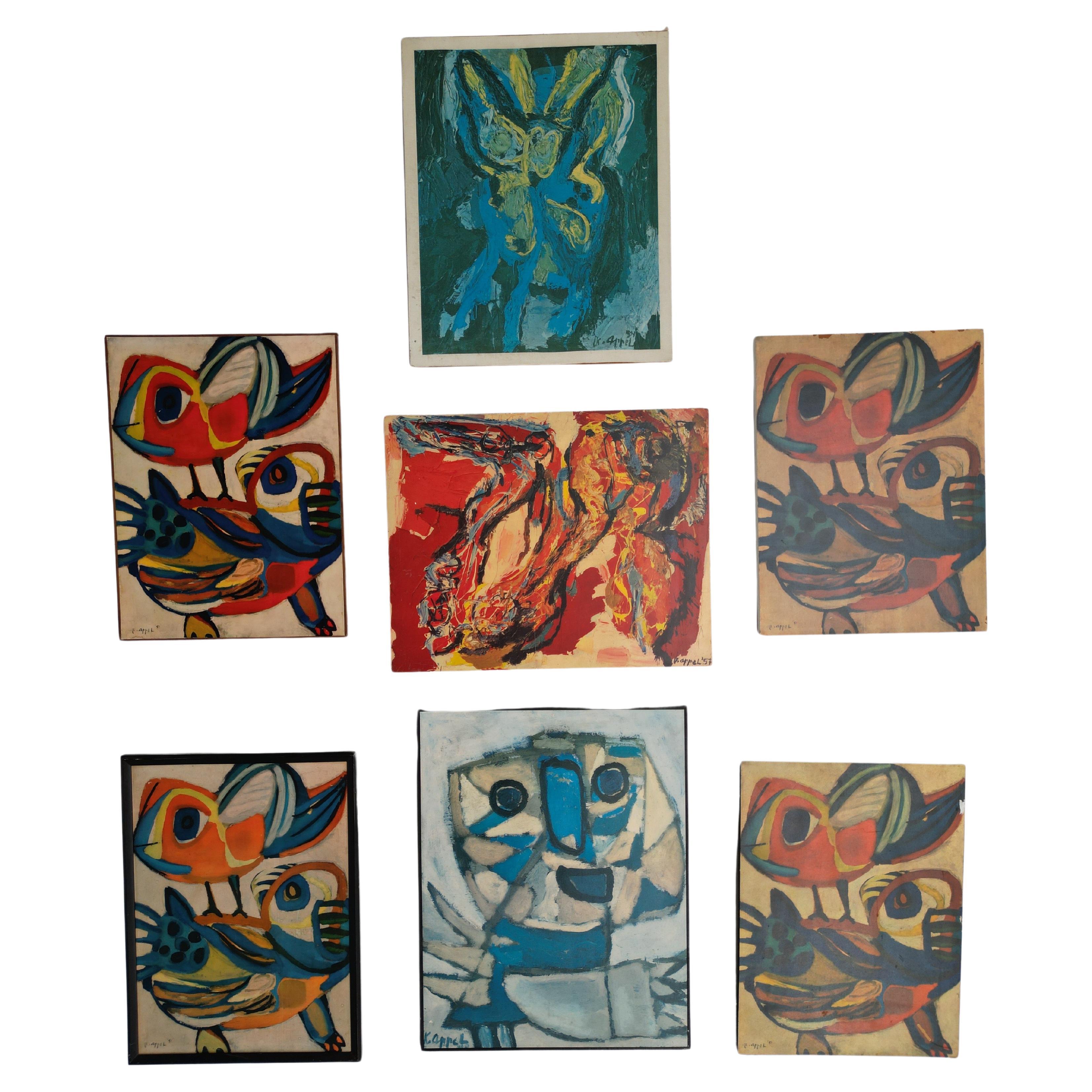 Collection of 7 Karel Appel 1970's Period Reproduction Posters on Chipwood