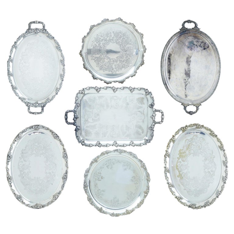 Collection of 7 Mid 20th Century Silver Plate Trays For Sale at 1stDibs