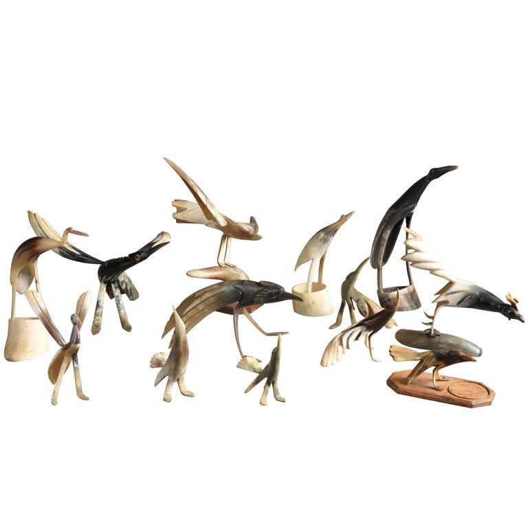 Collection of 70 Vintage HandCarved Cow Horn Sculptures, 20th Century