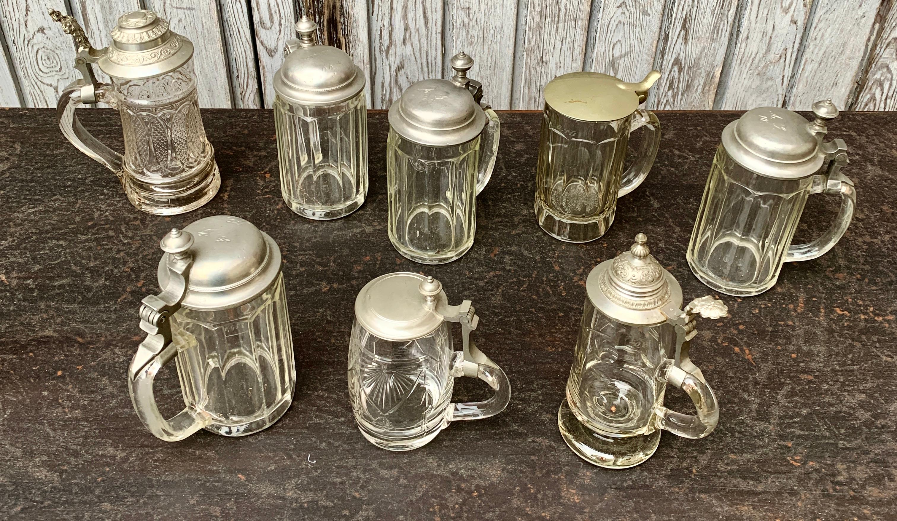 Folk Art Collection of 8 Glass And Metal German Tankards For Sale