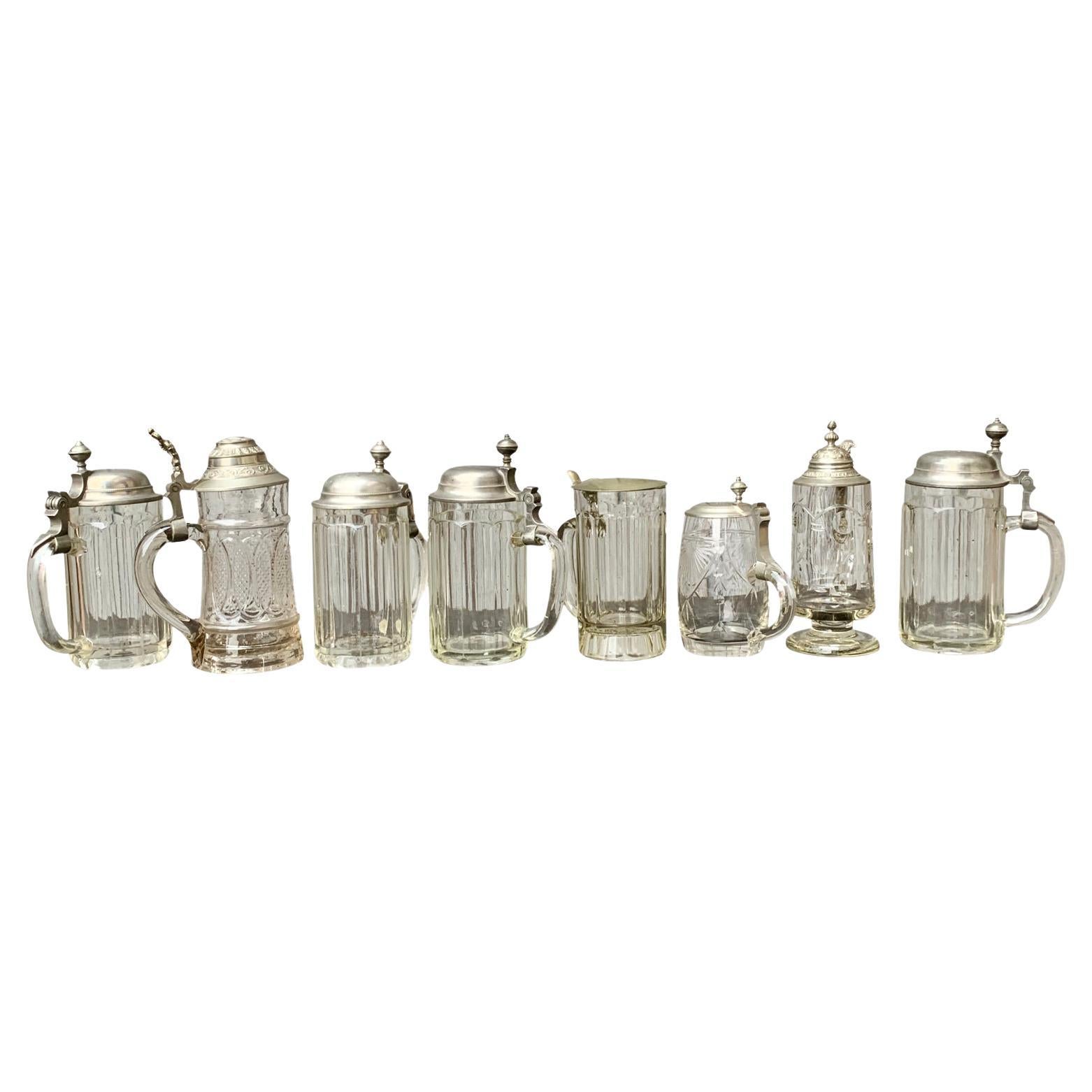 Collection of 8 Glass And Metal German Tankards For Sale