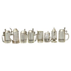 Antique Collection of 8 Glass And Metal German Tankards